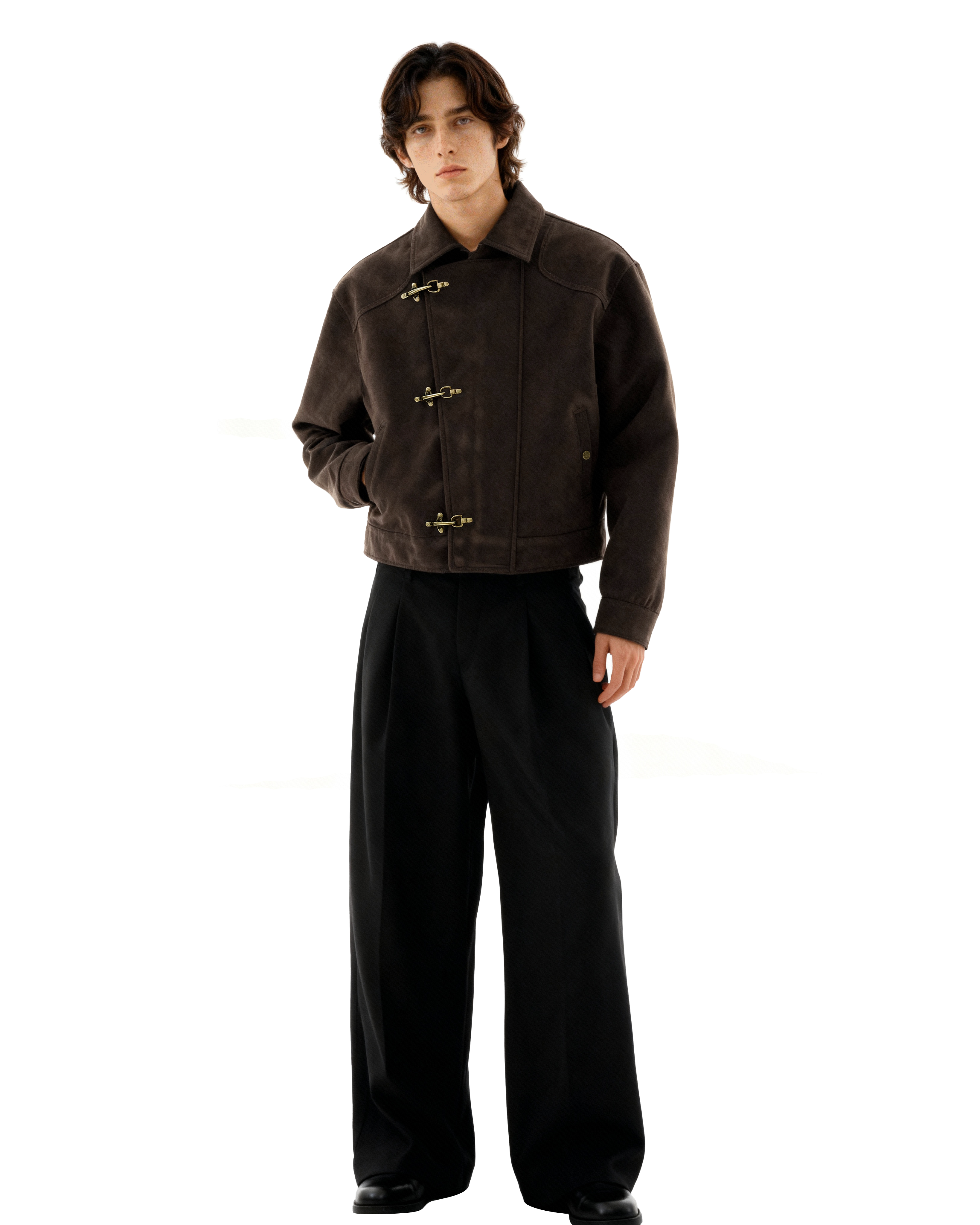 Asymmetric Fireman Buckle Mid Crop Suede Jacket - nightcity clothing