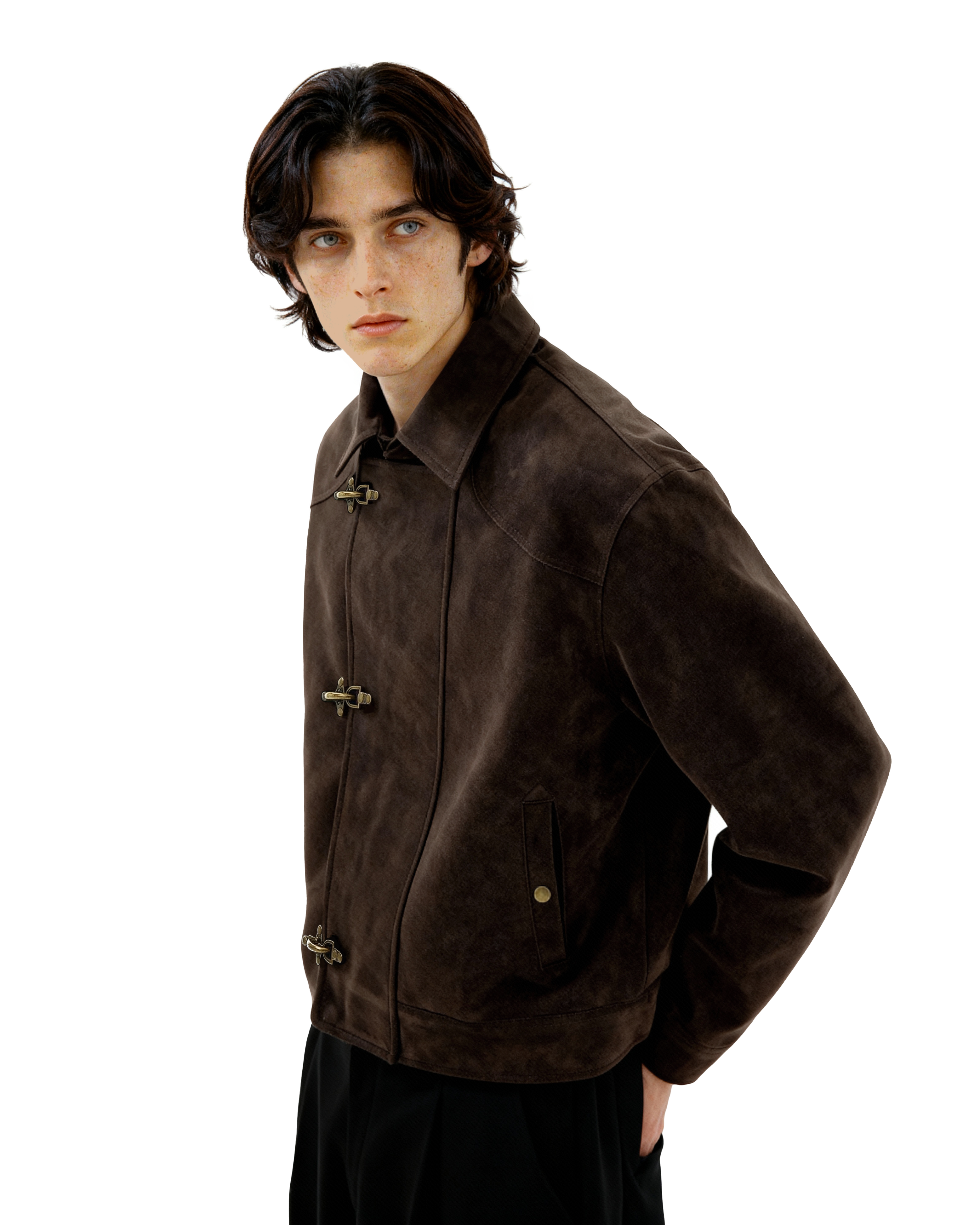 Asymmetric Fireman Buckle Mid Crop Suede Jacket - nightcity clothing