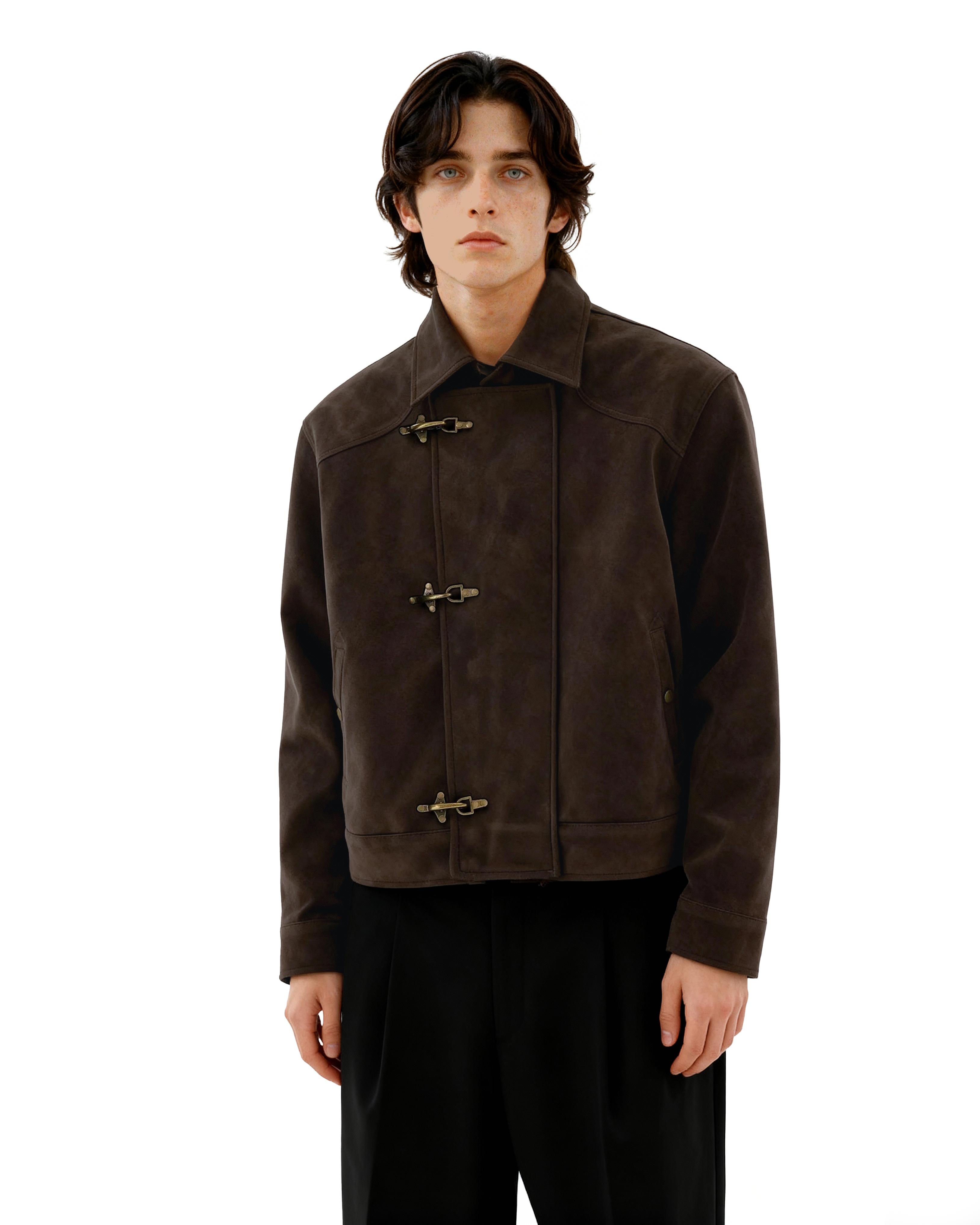 Asymmetric Fireman Buckle Mid Crop Suede Jacket - nightcity clothing