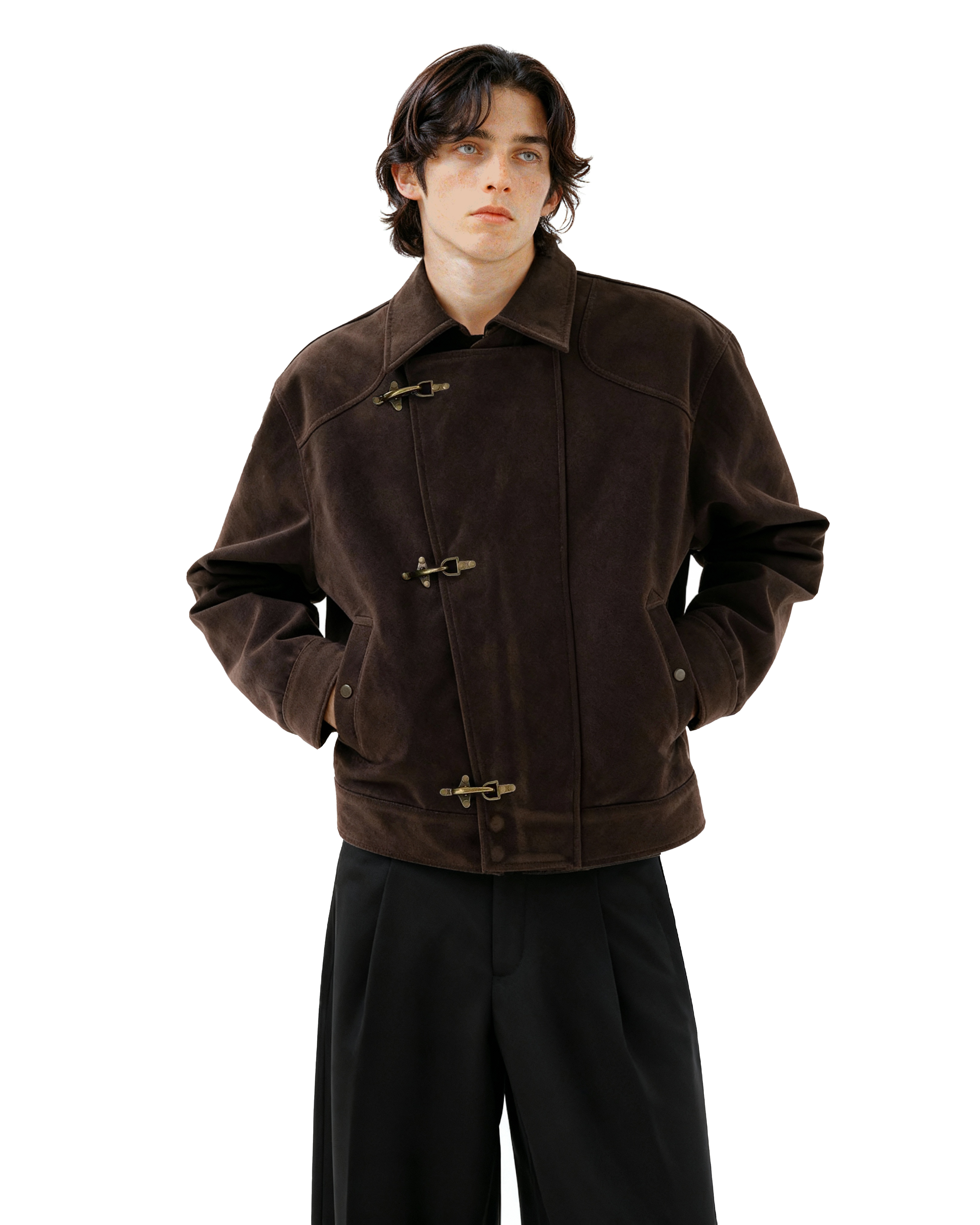 Asymmetric Fireman Buckle Mid Crop Suede Jacket - nightcity clothing