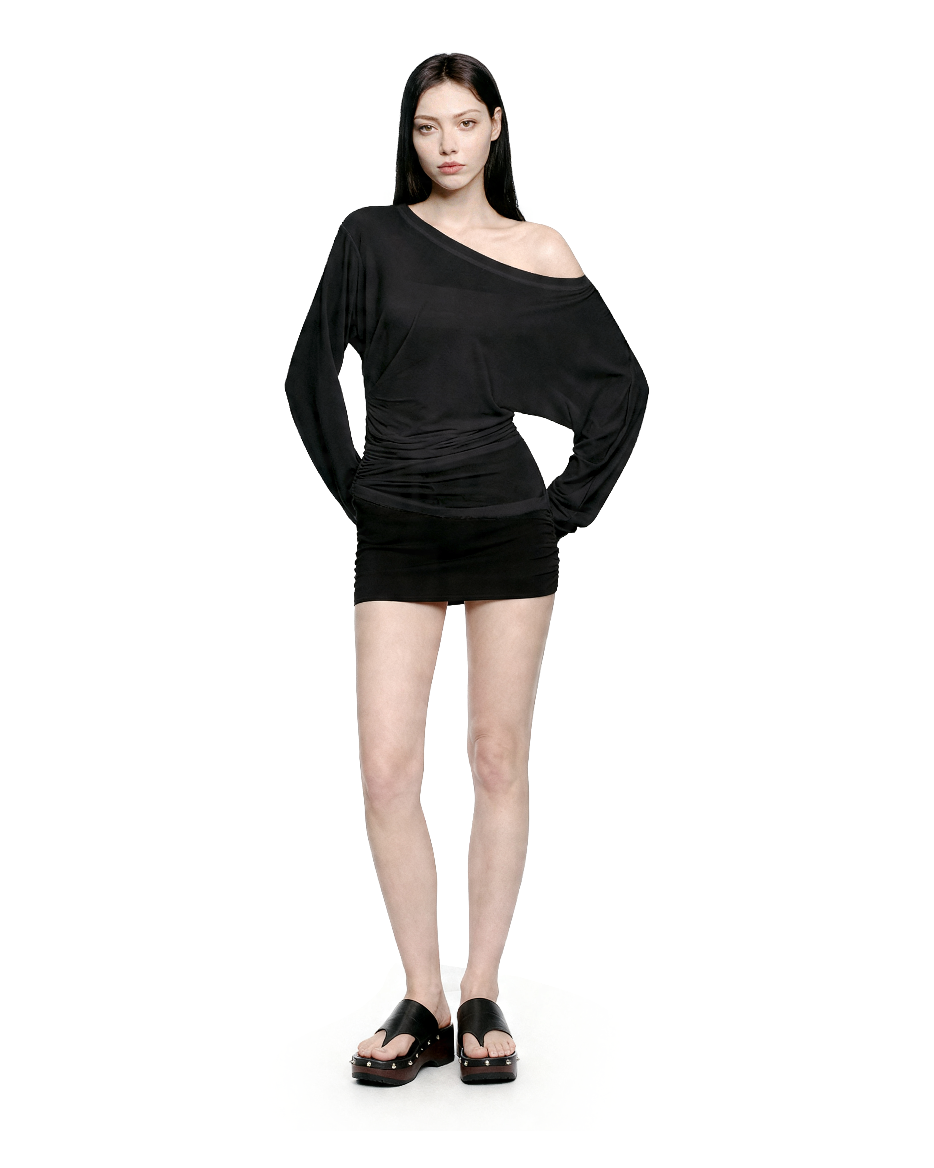 Asymmetric Off Shoulder Ruched Long Sleeve Top-16