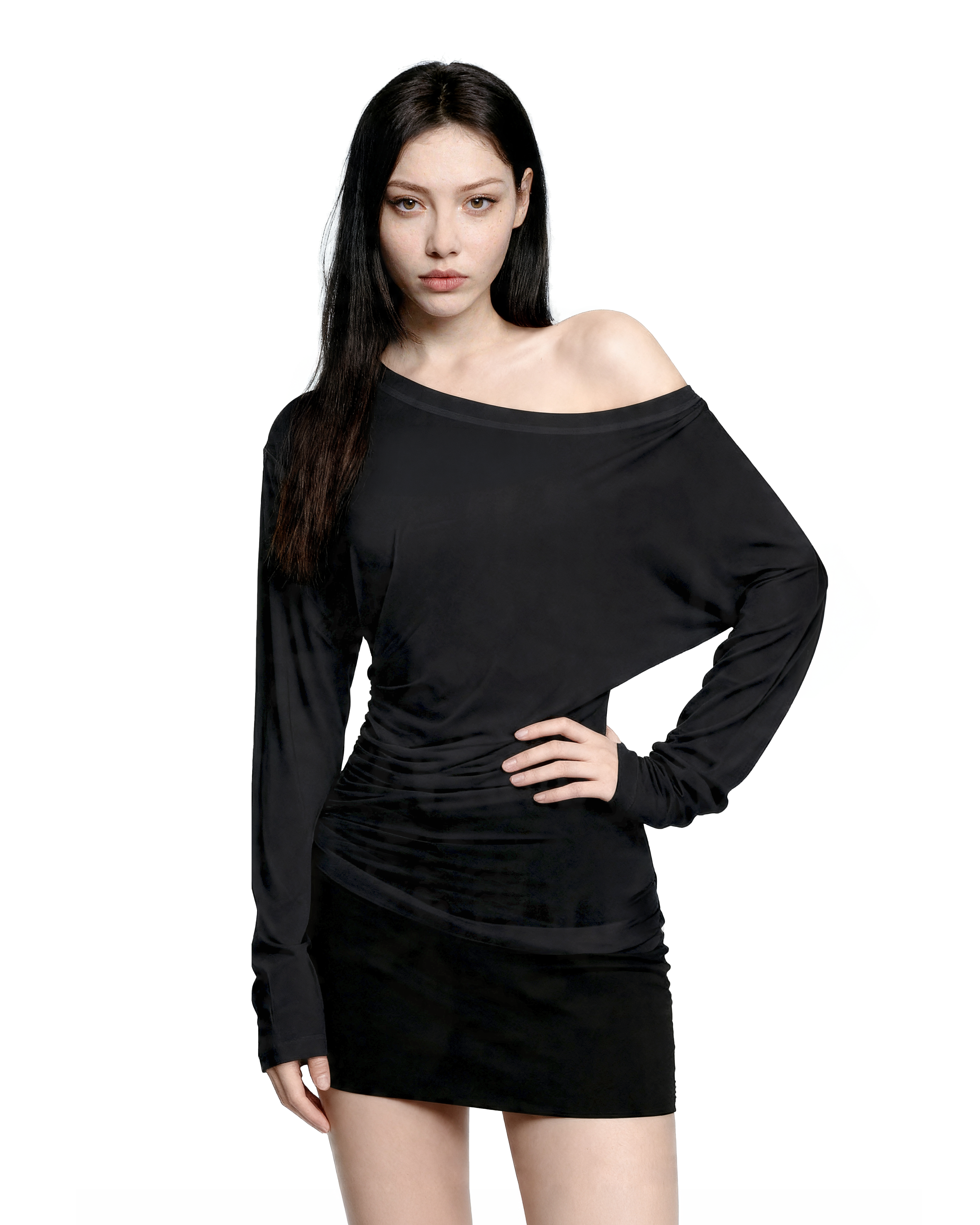 Asymmetric Off Shoulder Ruched Long Sleeve Top-14