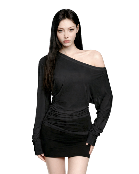 Asymmetric Off Shoulder Ruched Long Sleeve Top