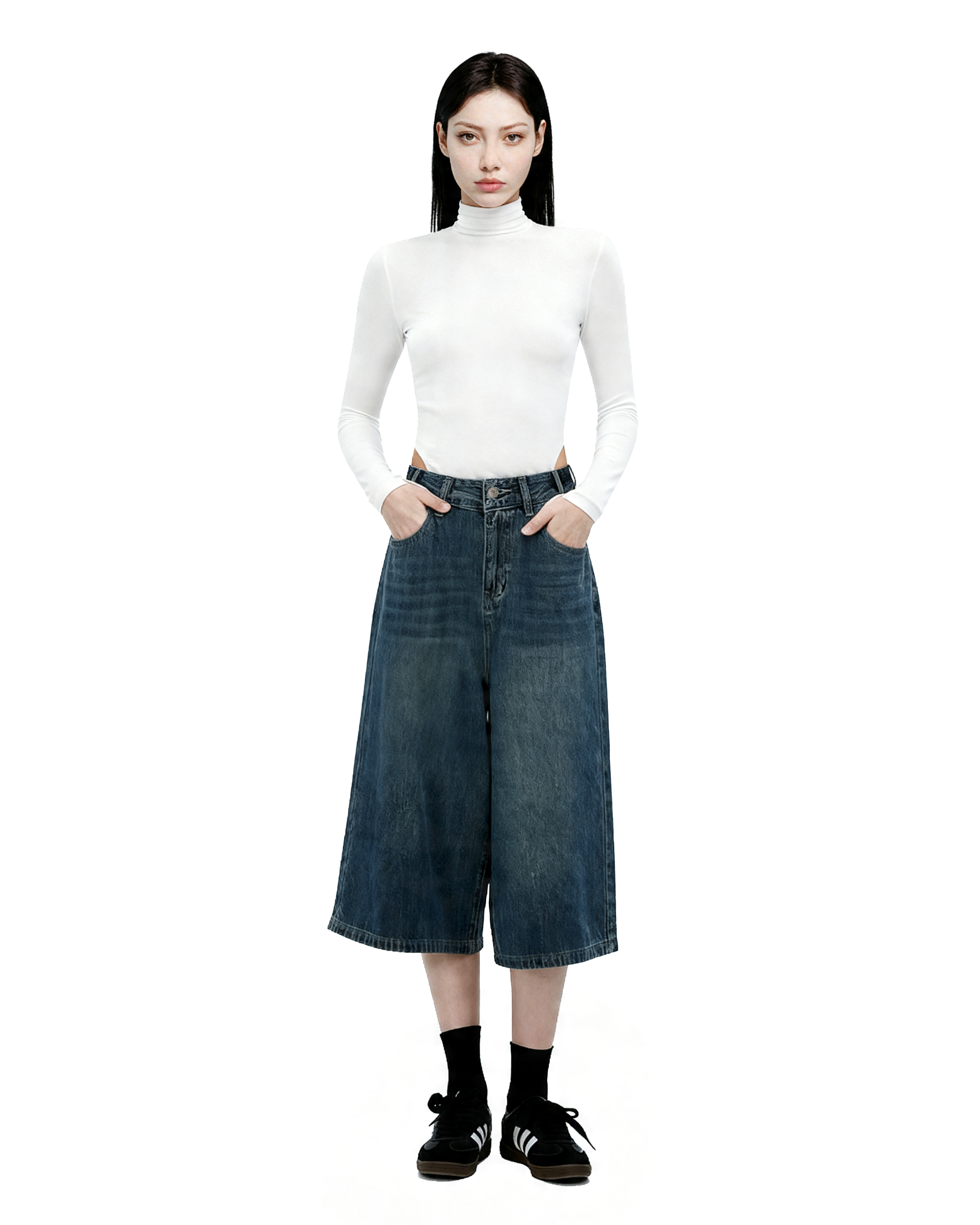 Denim Culotte Capri Shorts with Back Pocket Detail-4