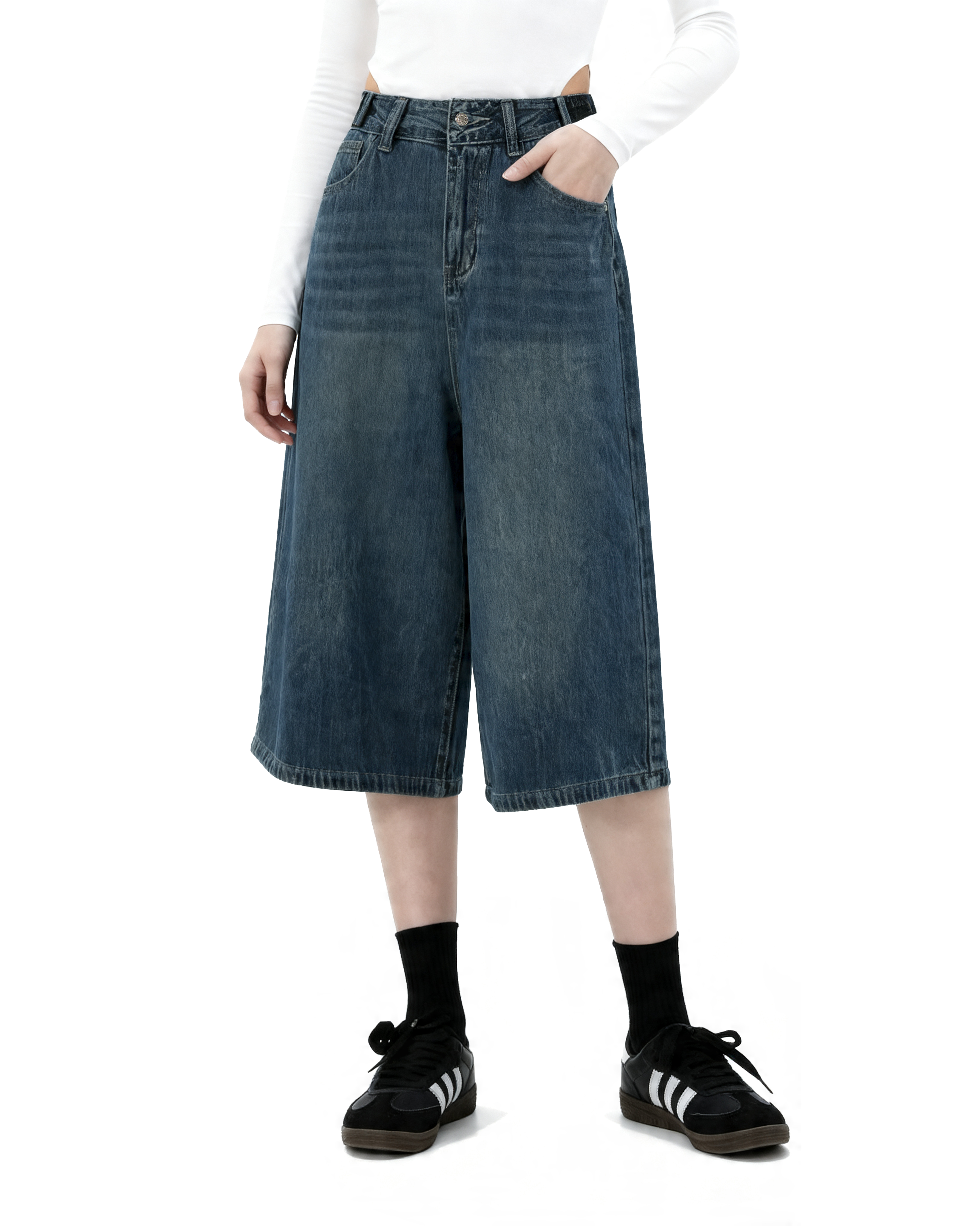 Denim Culotte Capri Shorts with Back Pocket Detail