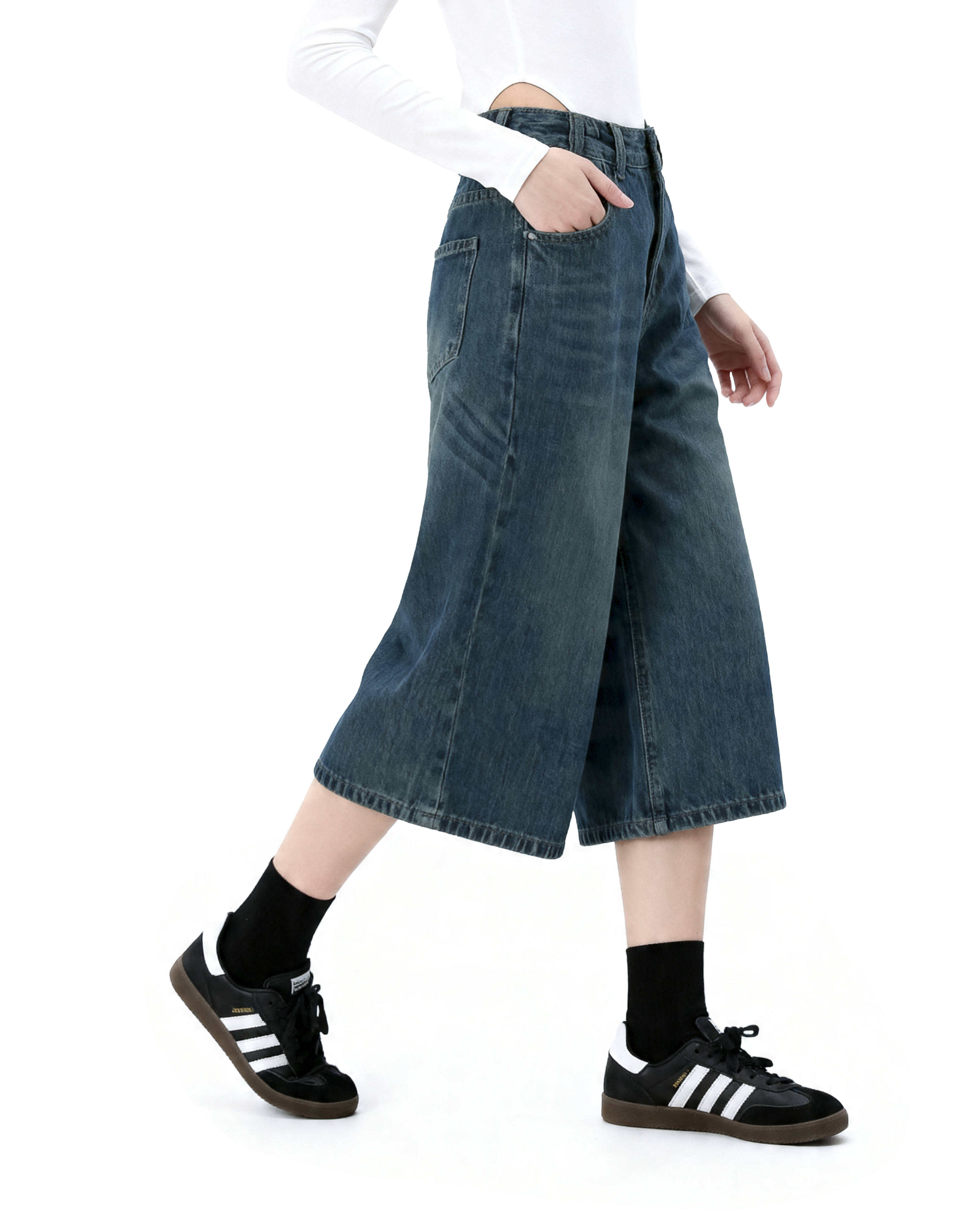Denim Culotte Capri Shorts with Back Pocket Detail-3