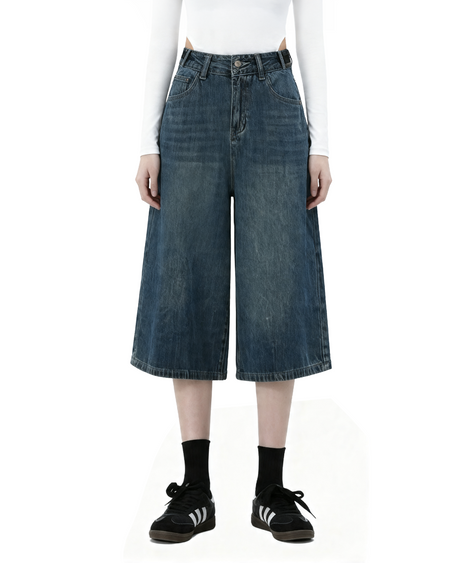 Denim Culotte Capri Shorts with Back Pocket Detail