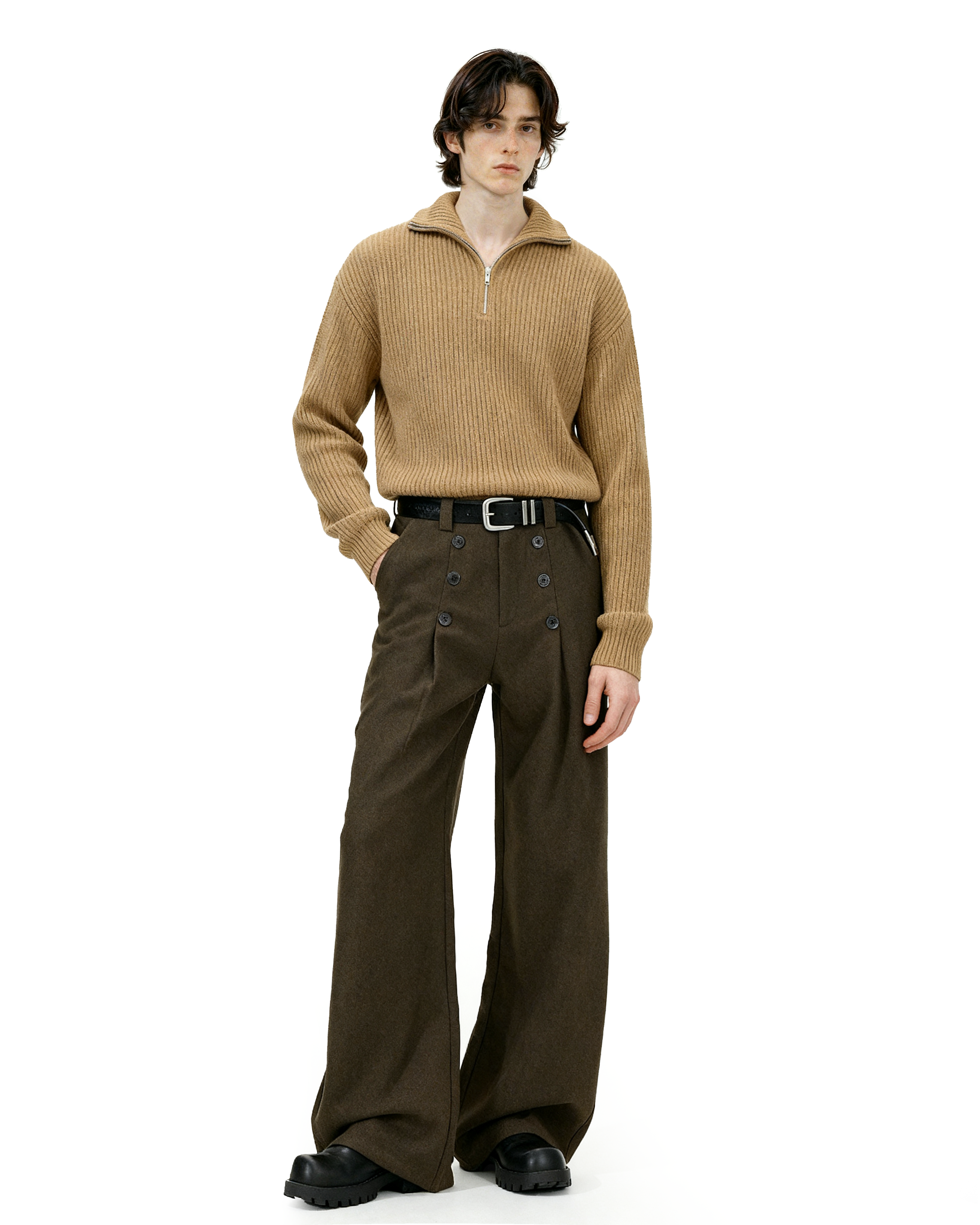 High-Waisted Pleated Wide Leg Trousers with Button Details-14