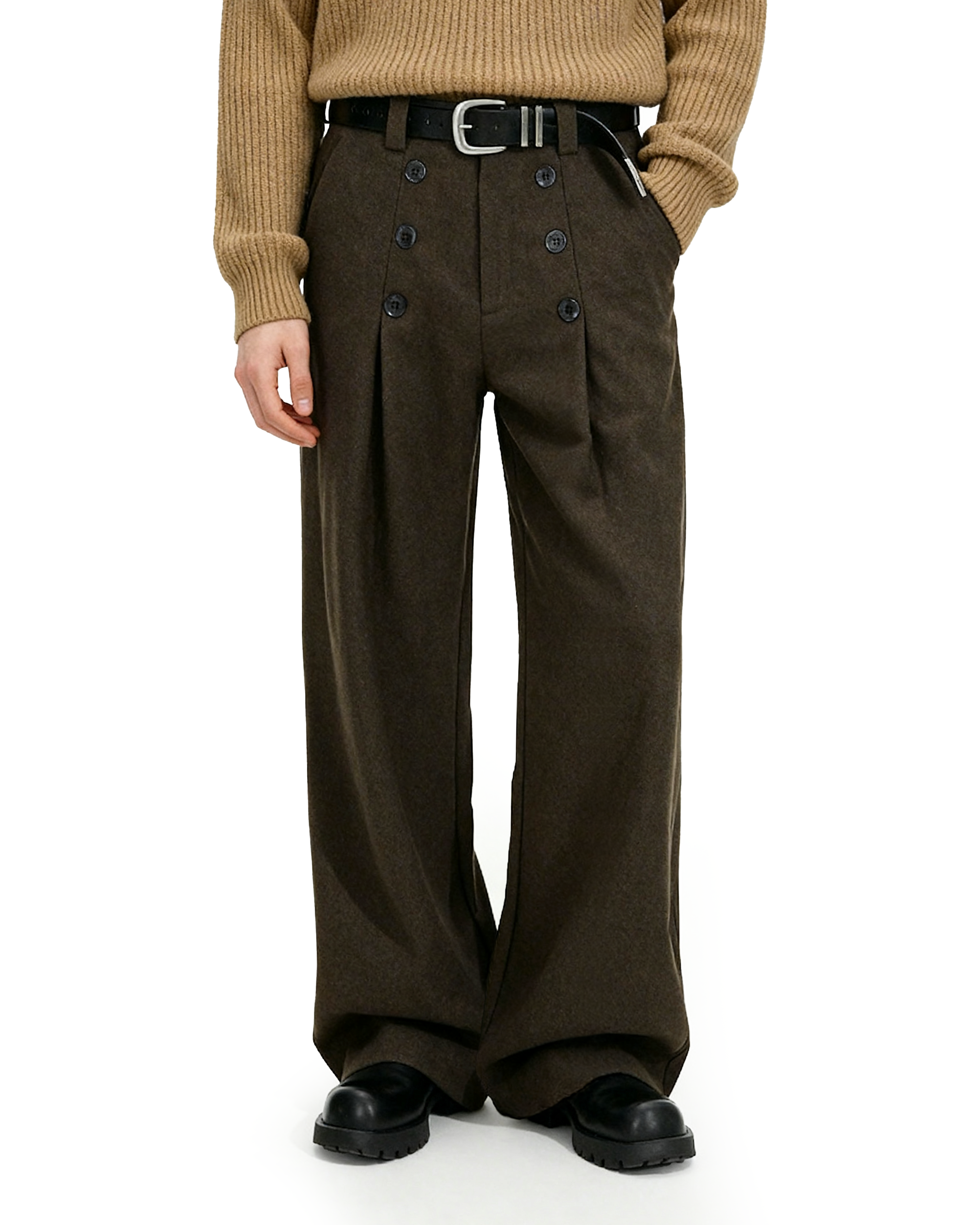 High-Waisted Pleated Wide Leg Trousers with Button Details-11