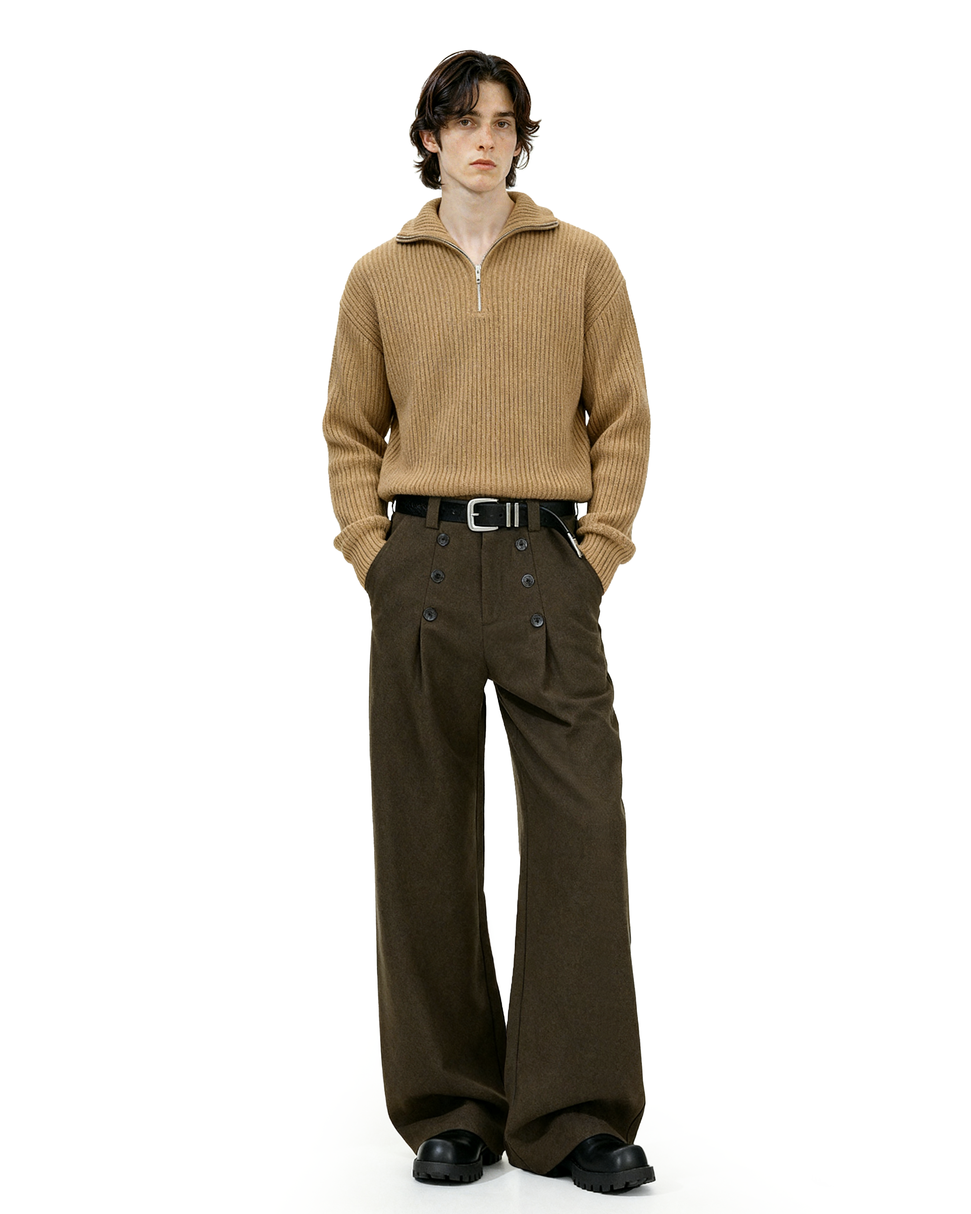High-Waisted Pleated Wide Leg Trousers with Button Details-15
