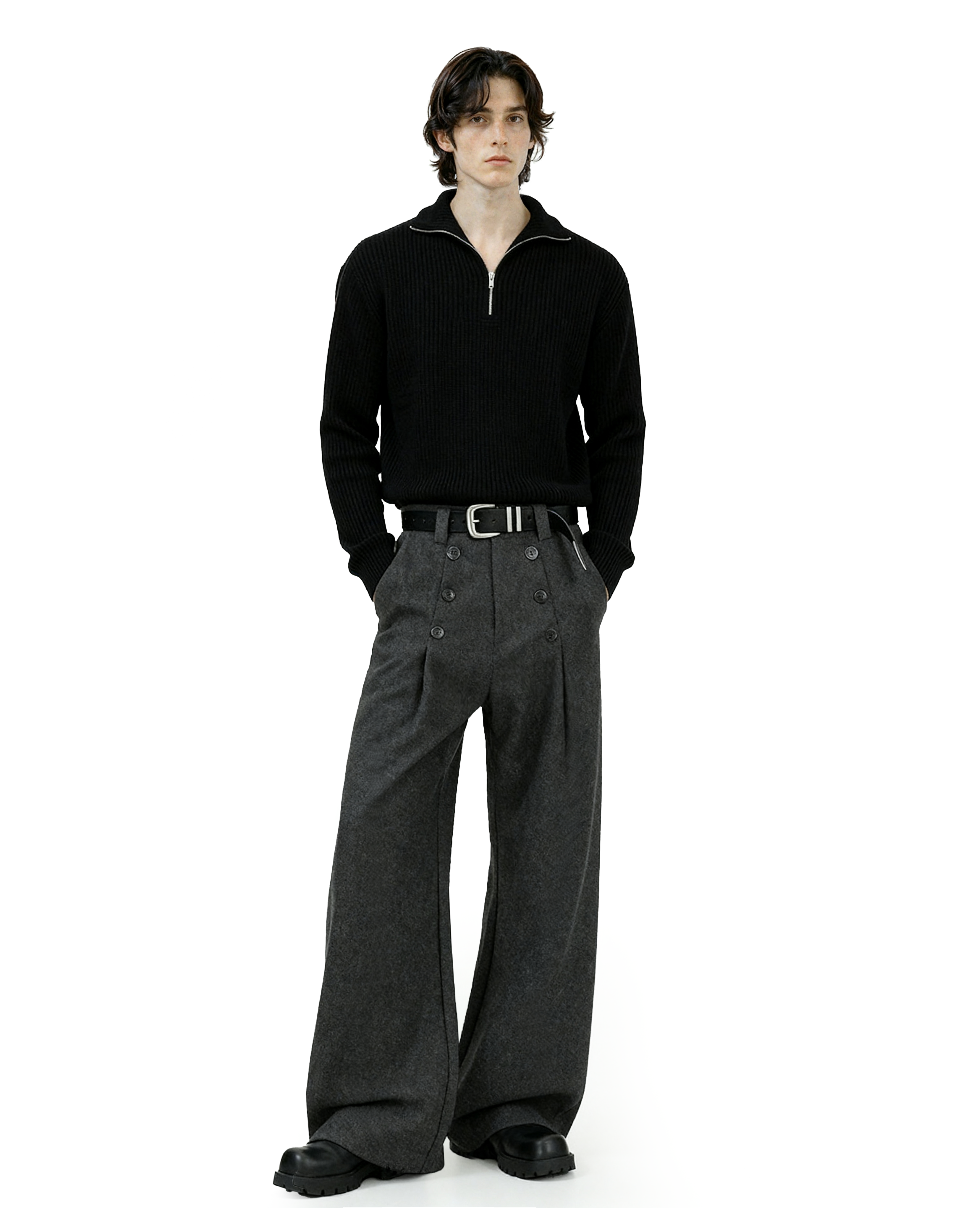 High-Waisted Pleated Wide Leg Trousers with Button Details-5