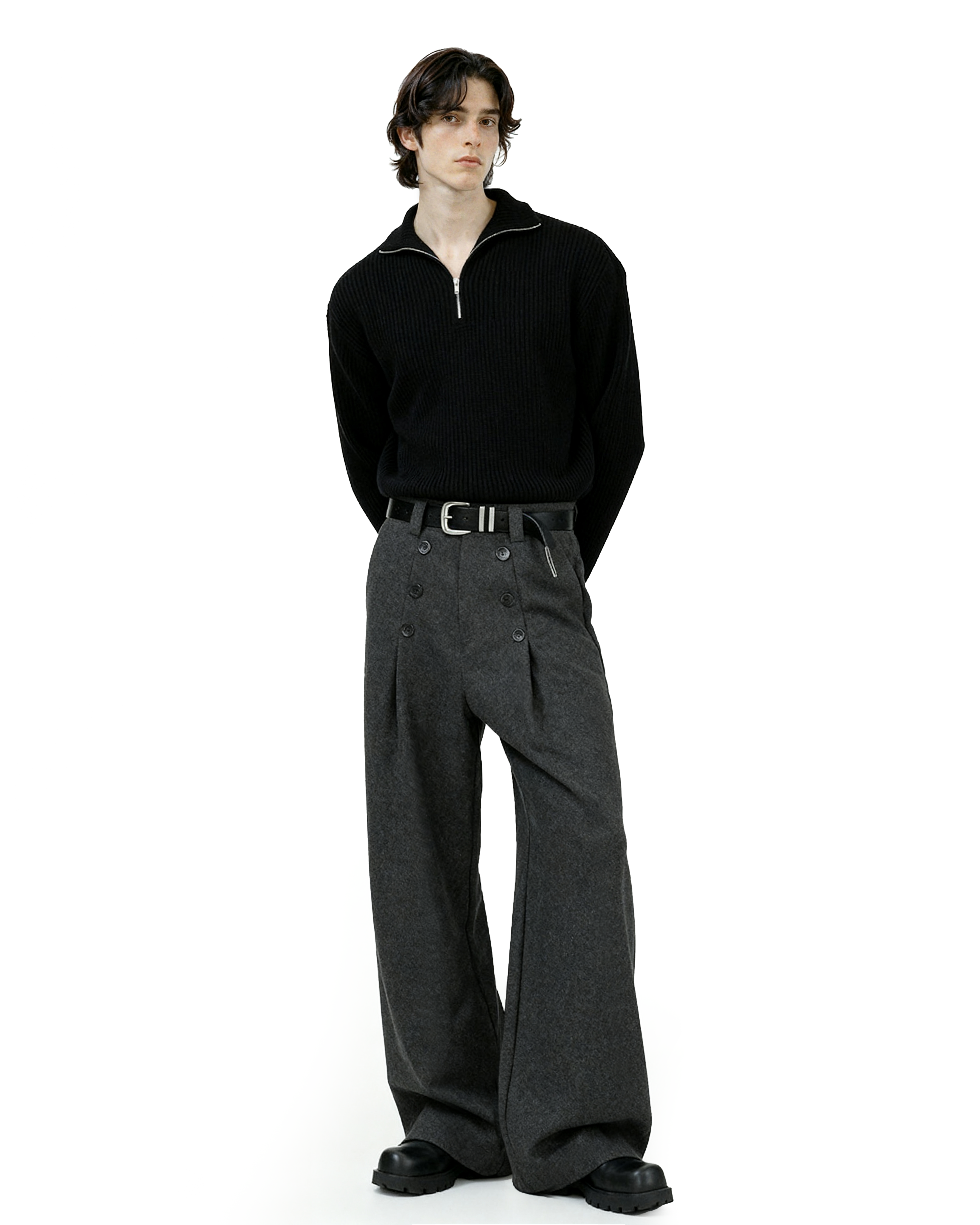 High-Waisted Pleated Wide Leg Trousers with Button Details-4