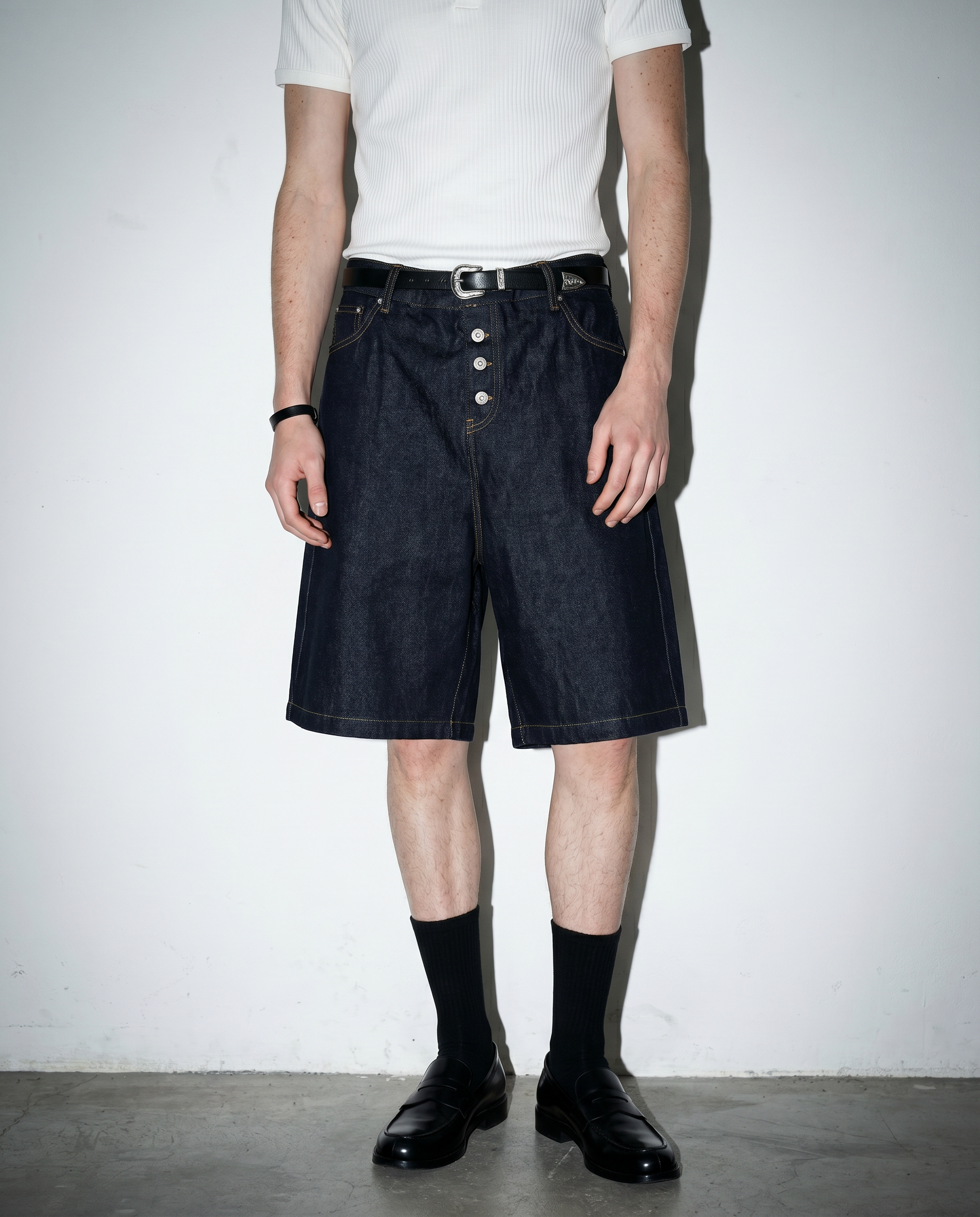 Dark Wash Button Fly Straight Shorts
