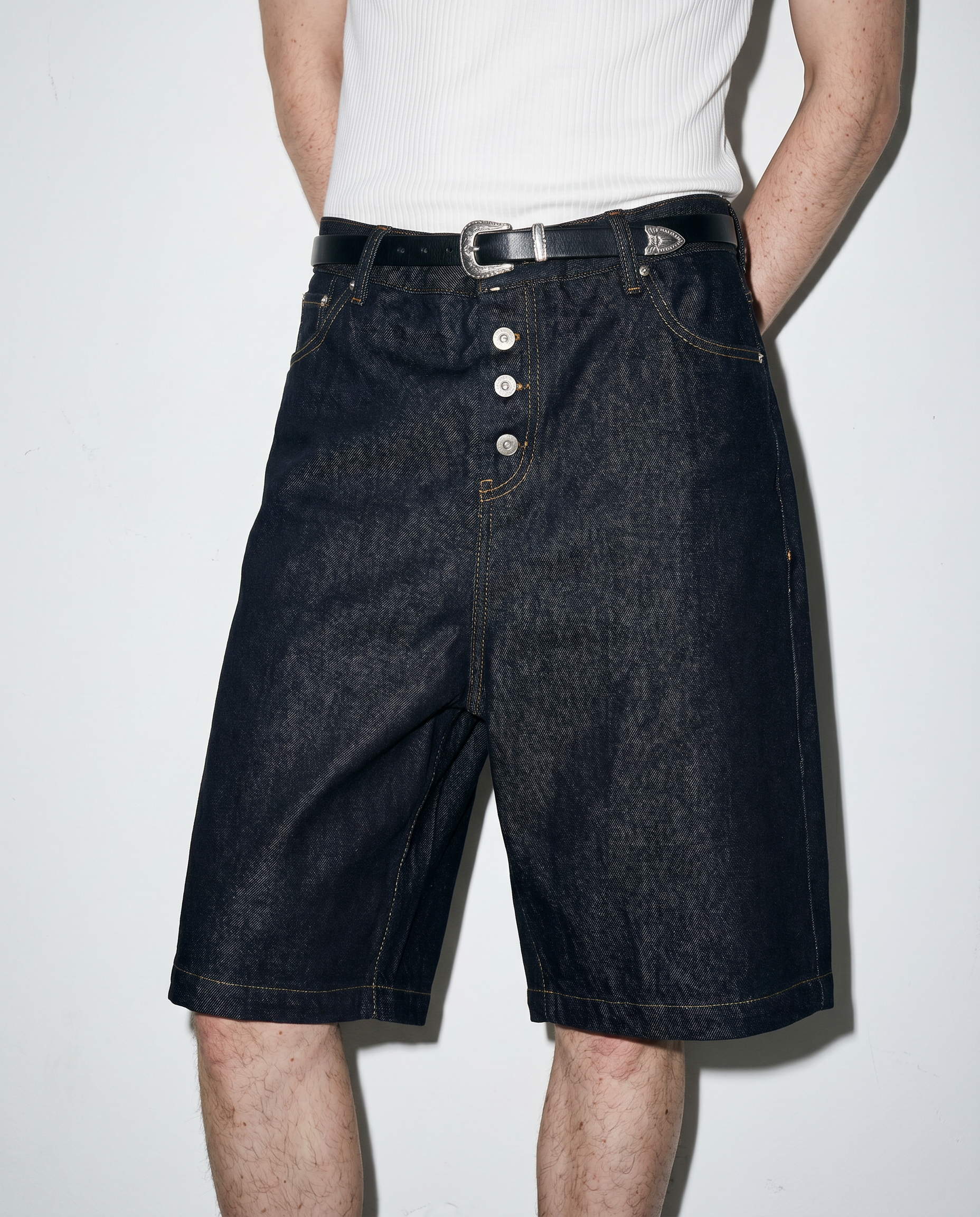 Dark Wash Button Fly Straight Shorts-2