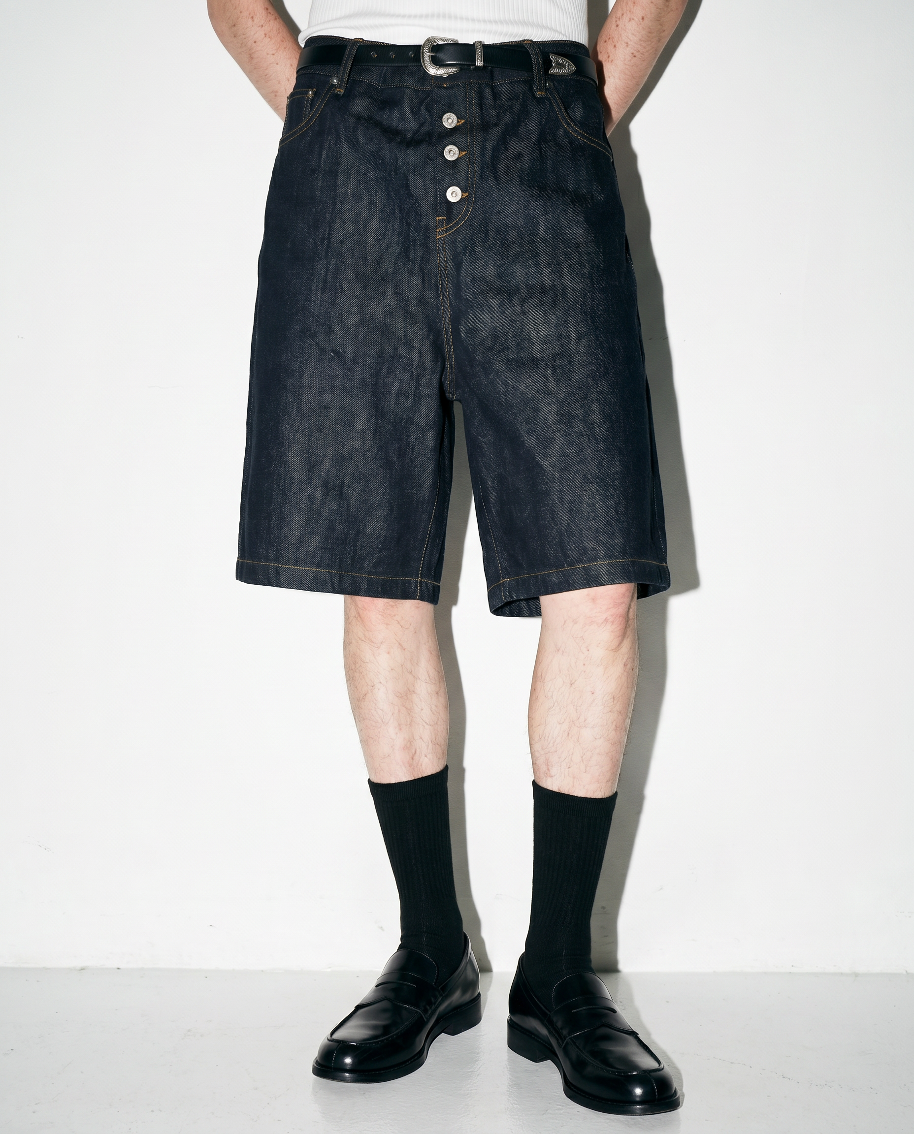 Dark Wash Button Fly Straight Shorts-3