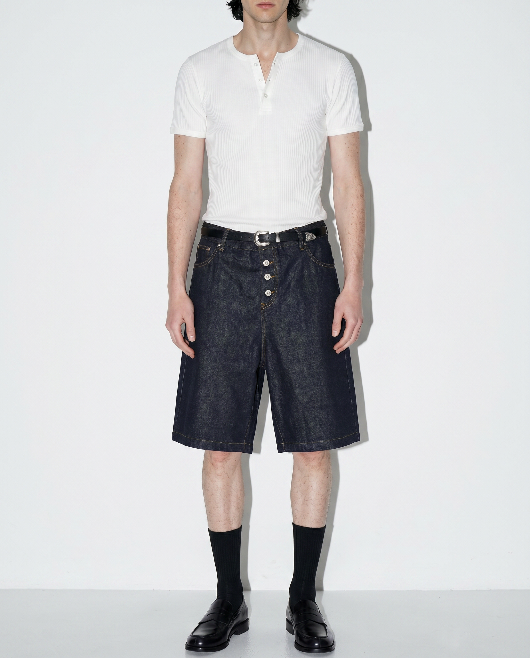 Dark Wash Button Fly Straight Shorts-5