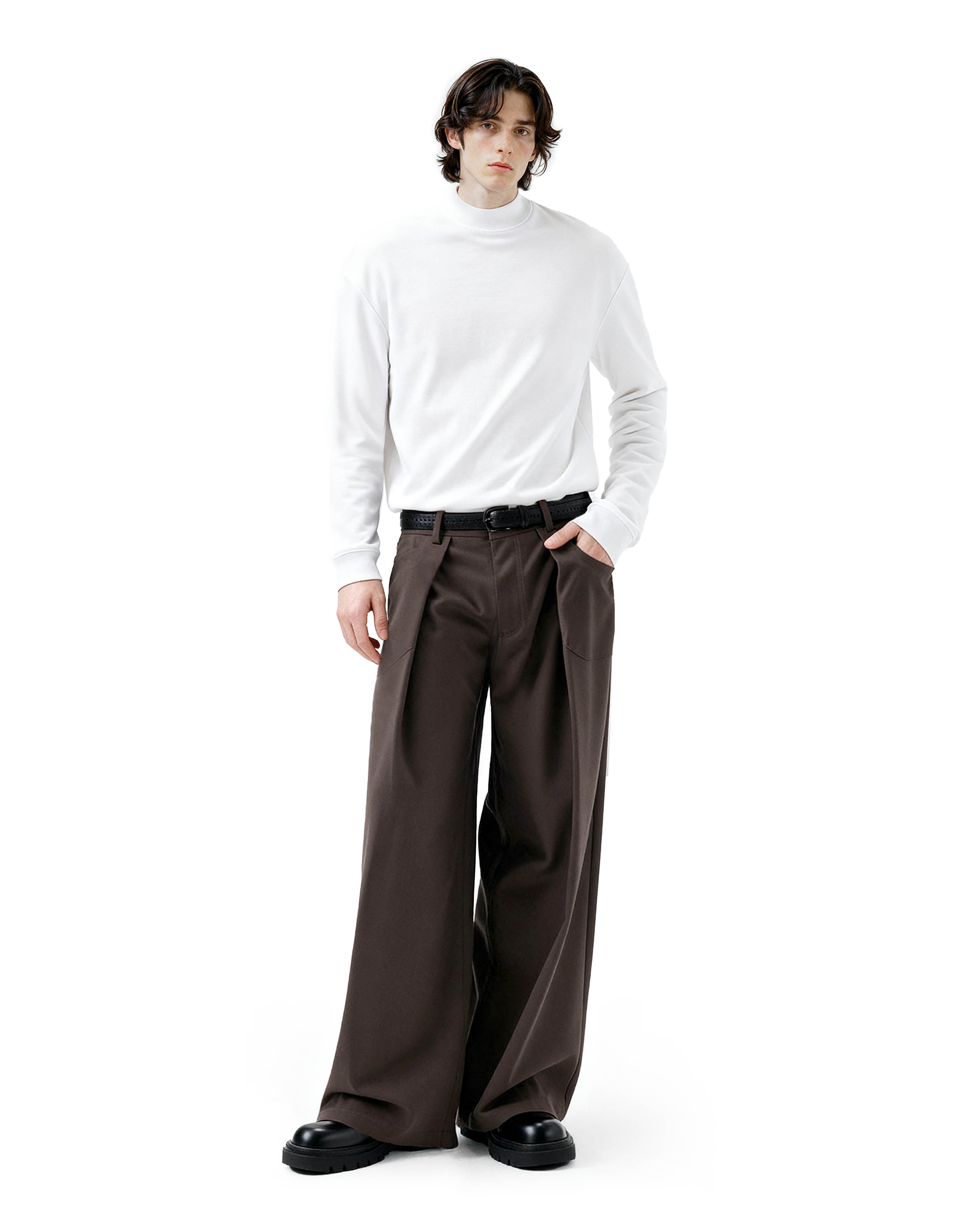 Wide Leg Pleated Trousers with Button Details - nightcity clothing
