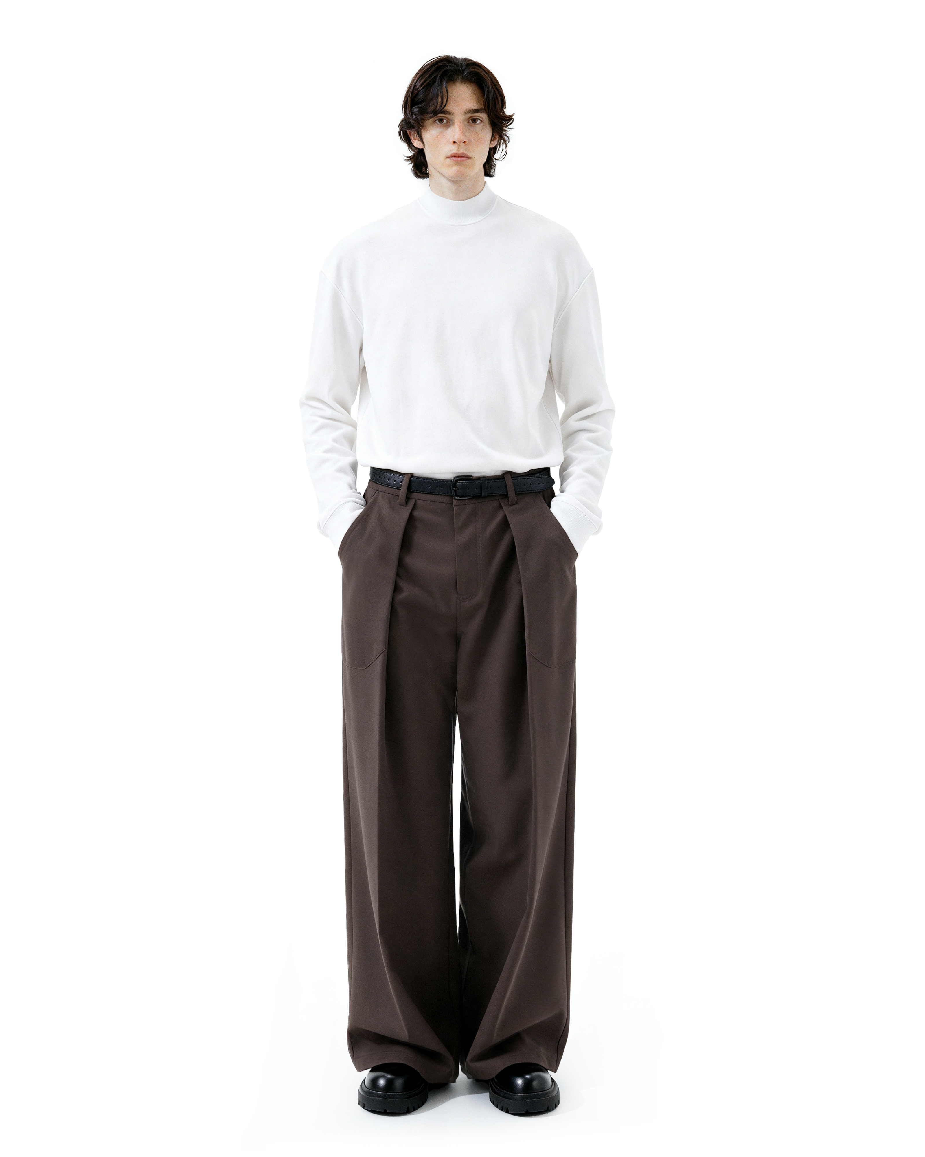 Wide Leg Pleated Trousers with Button Details - nightcity clothing