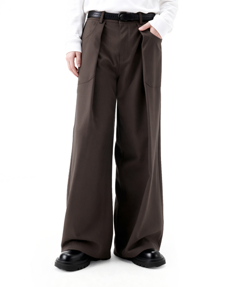 Wide Leg Pleated Trousers with Button Details - nightcity clothing