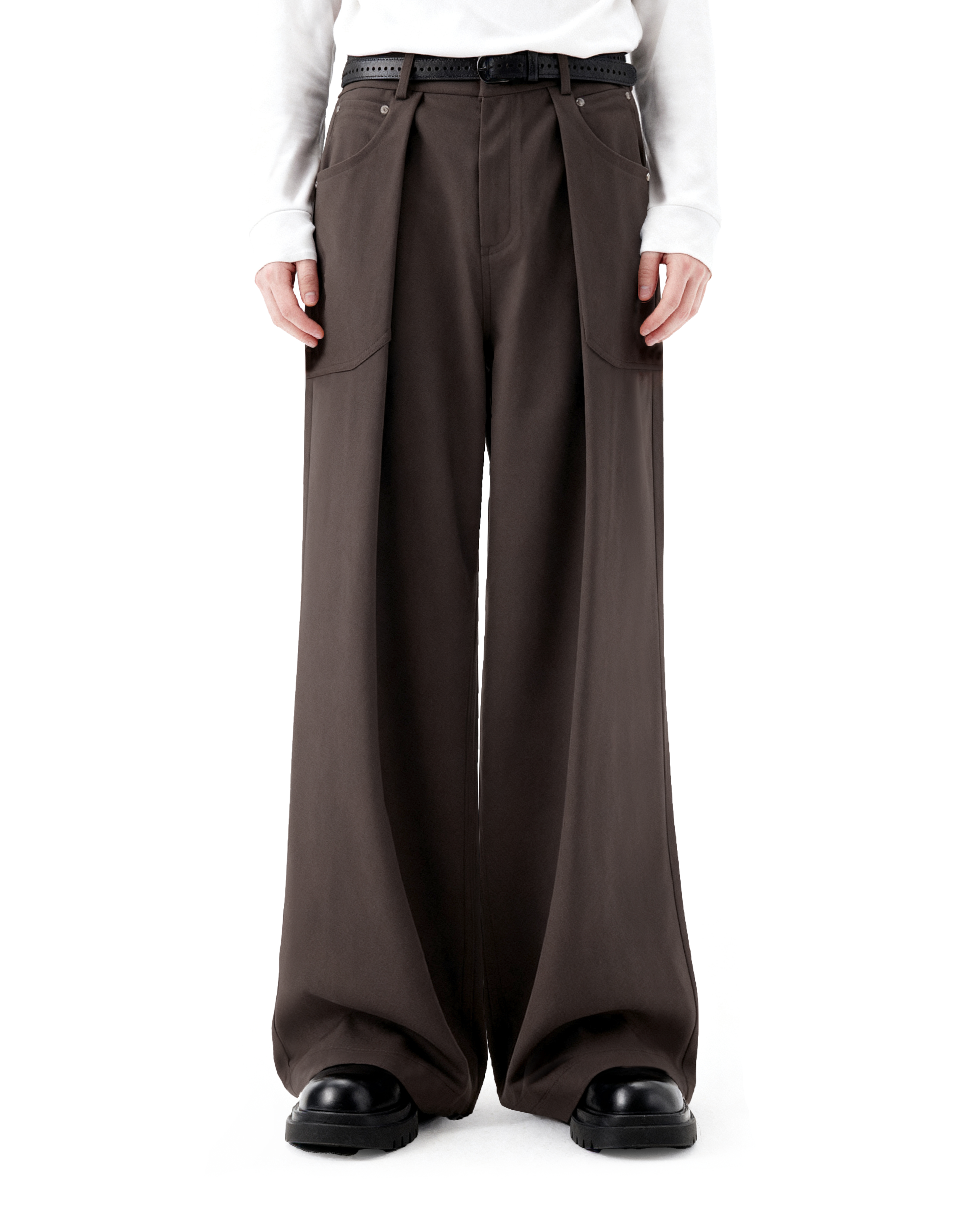 Wide Leg Pleated Trousers with Button Details - nightcity clothing