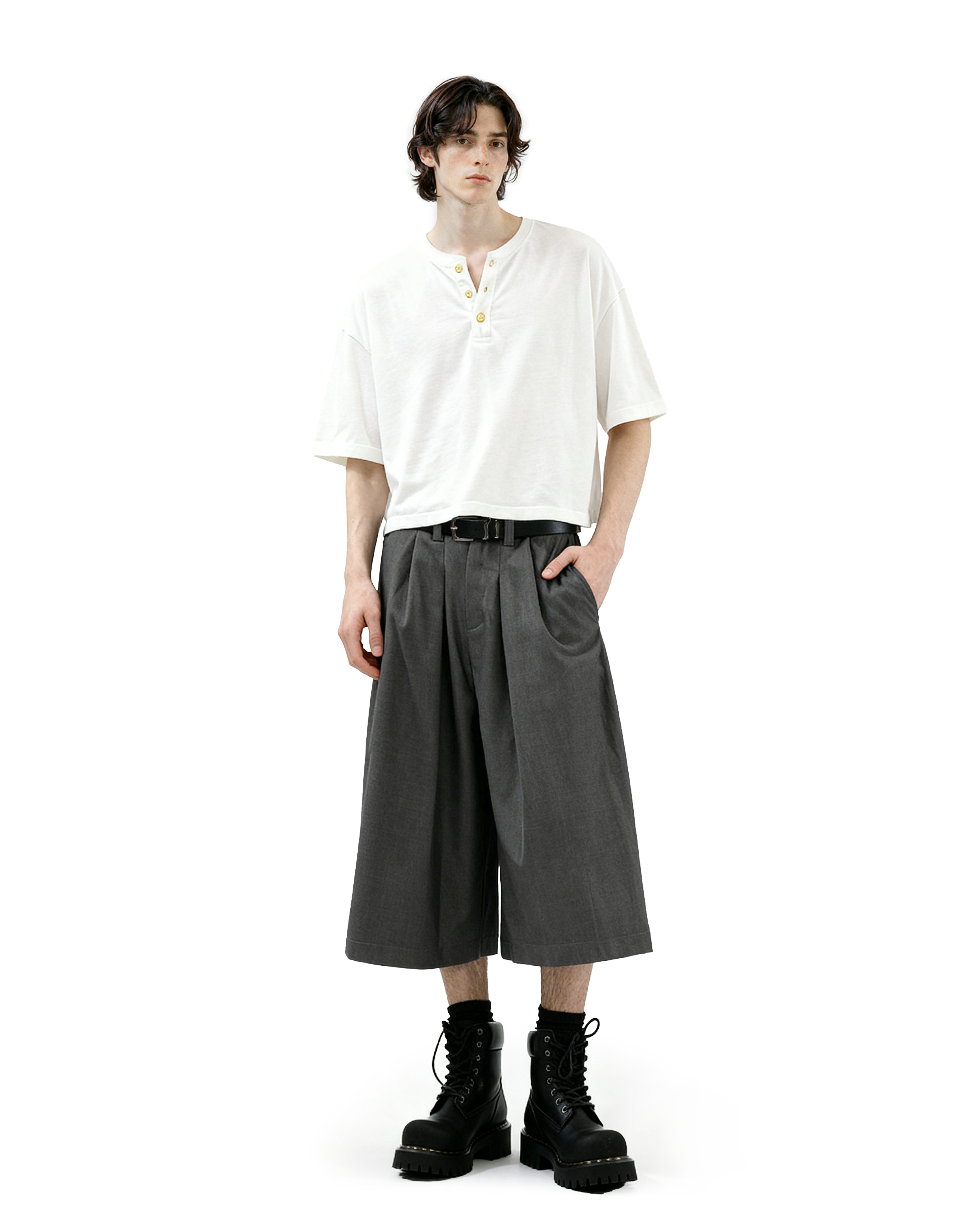 Wide Leg Pleated Bermuda Shorts with Belt Loops - nightcity clothing