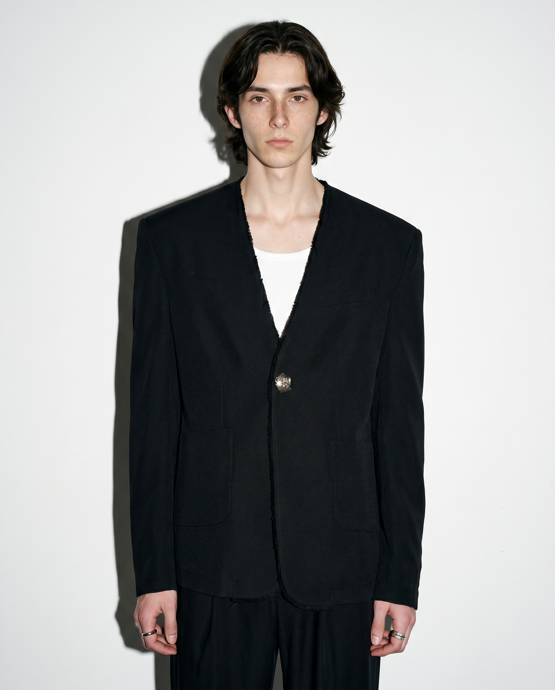 Distressed Hem Single Breasted Blazer with Patch Pockets-6