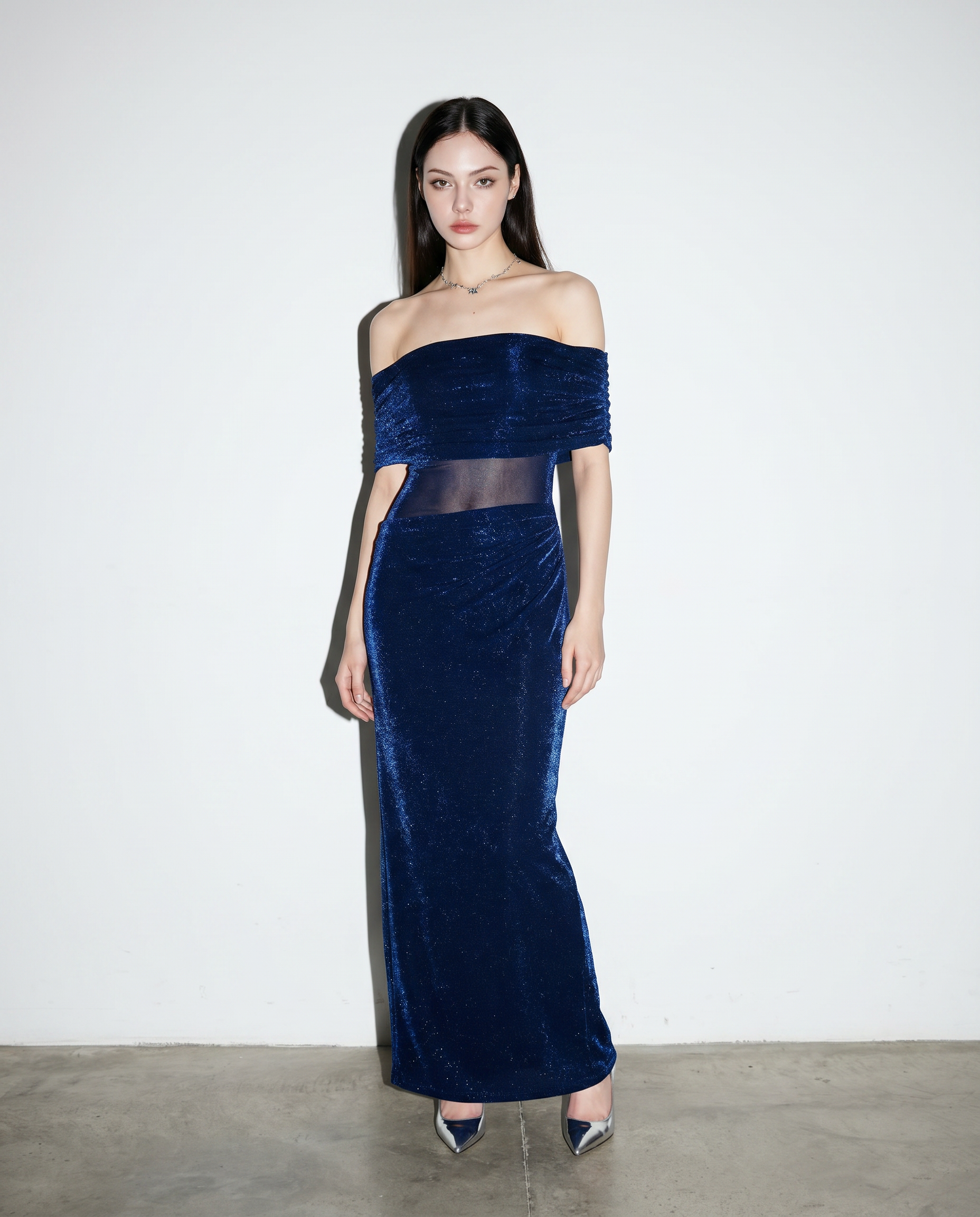 Draped Off Shoulder Shimmer Bodycon Maxi Dress-2
