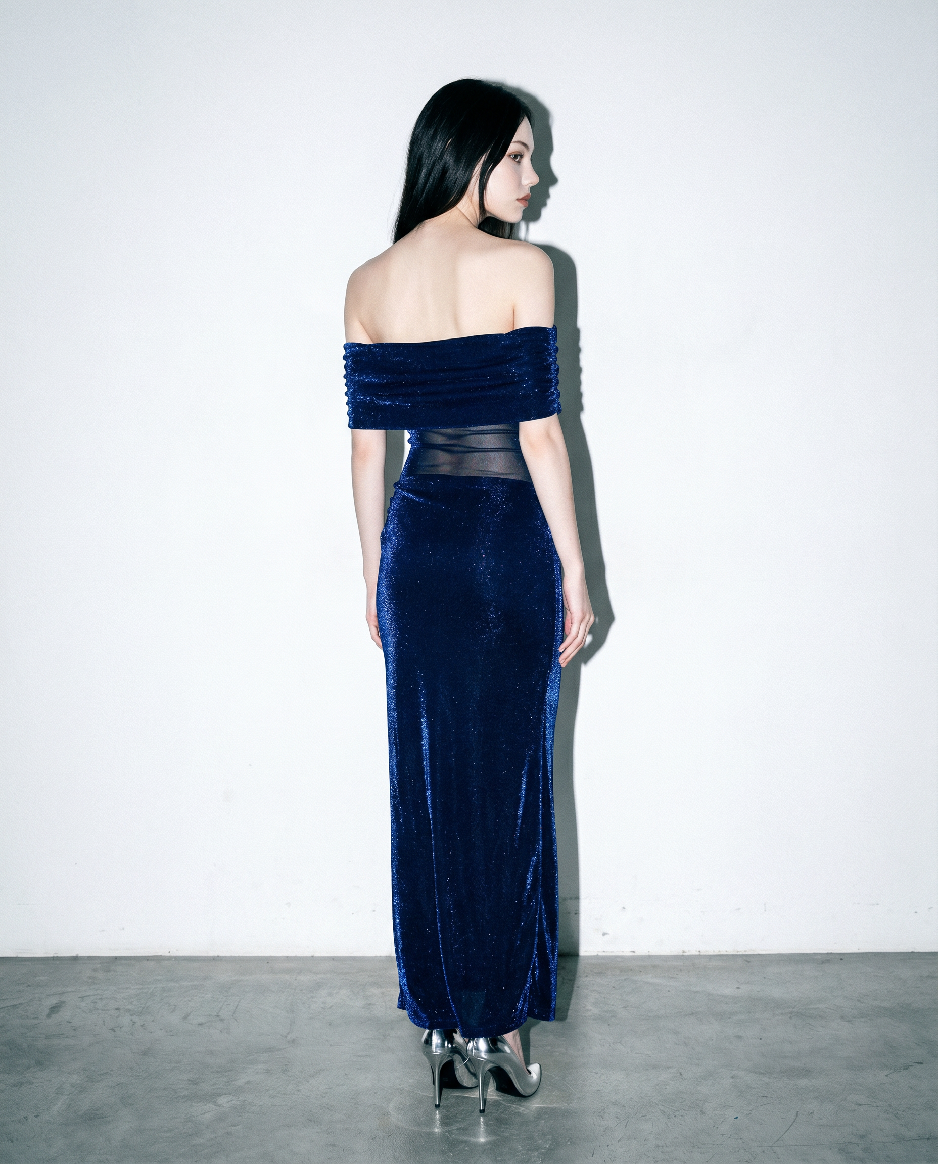 Draped Off Shoulder Shimmer Bodycon Maxi Dress-5