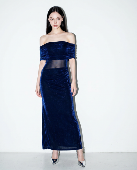 Draped Off Shoulder Shimmer Bodycon Maxi Dress
