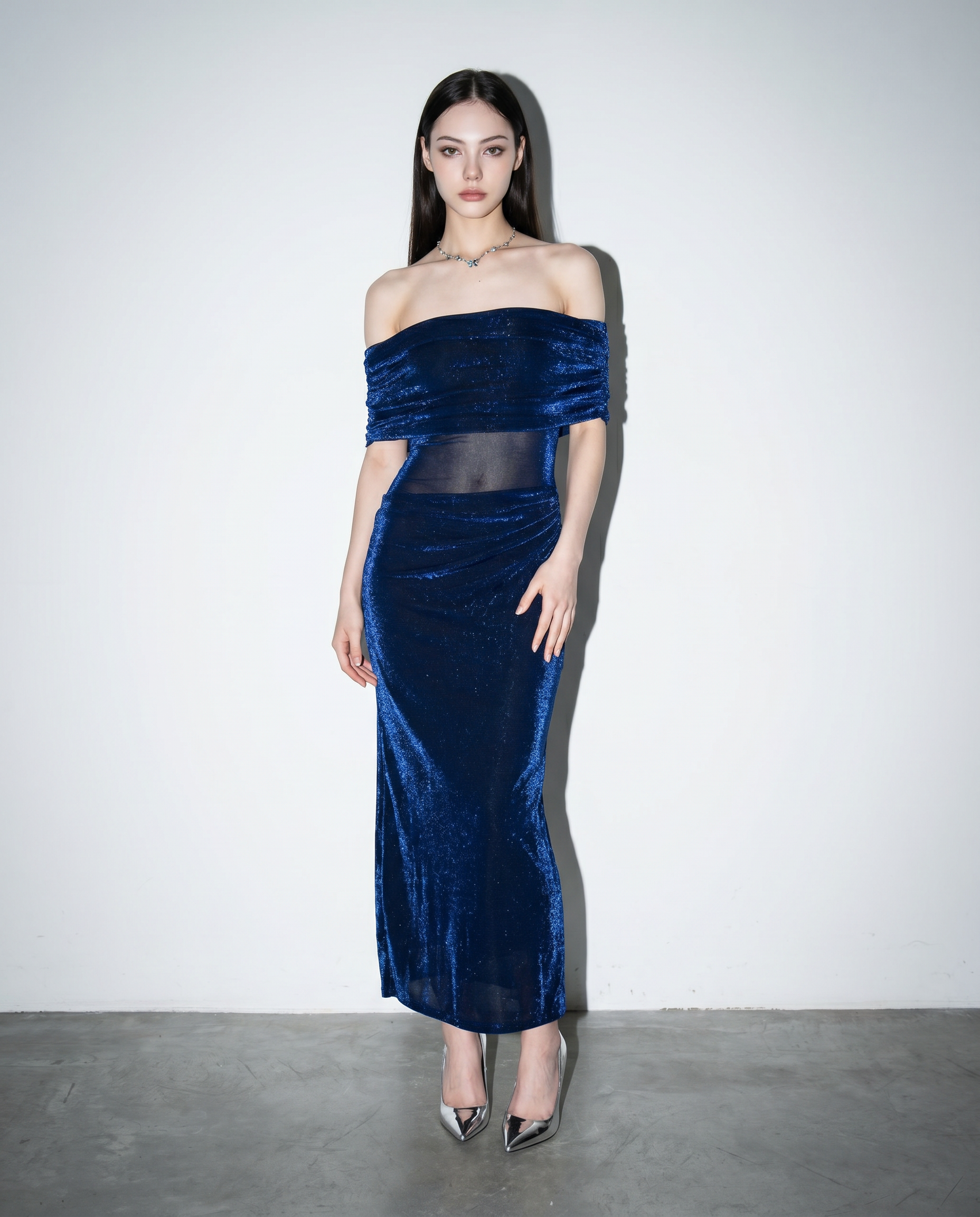 Draped Off Shoulder Shimmer Bodycon Maxi Dress-3