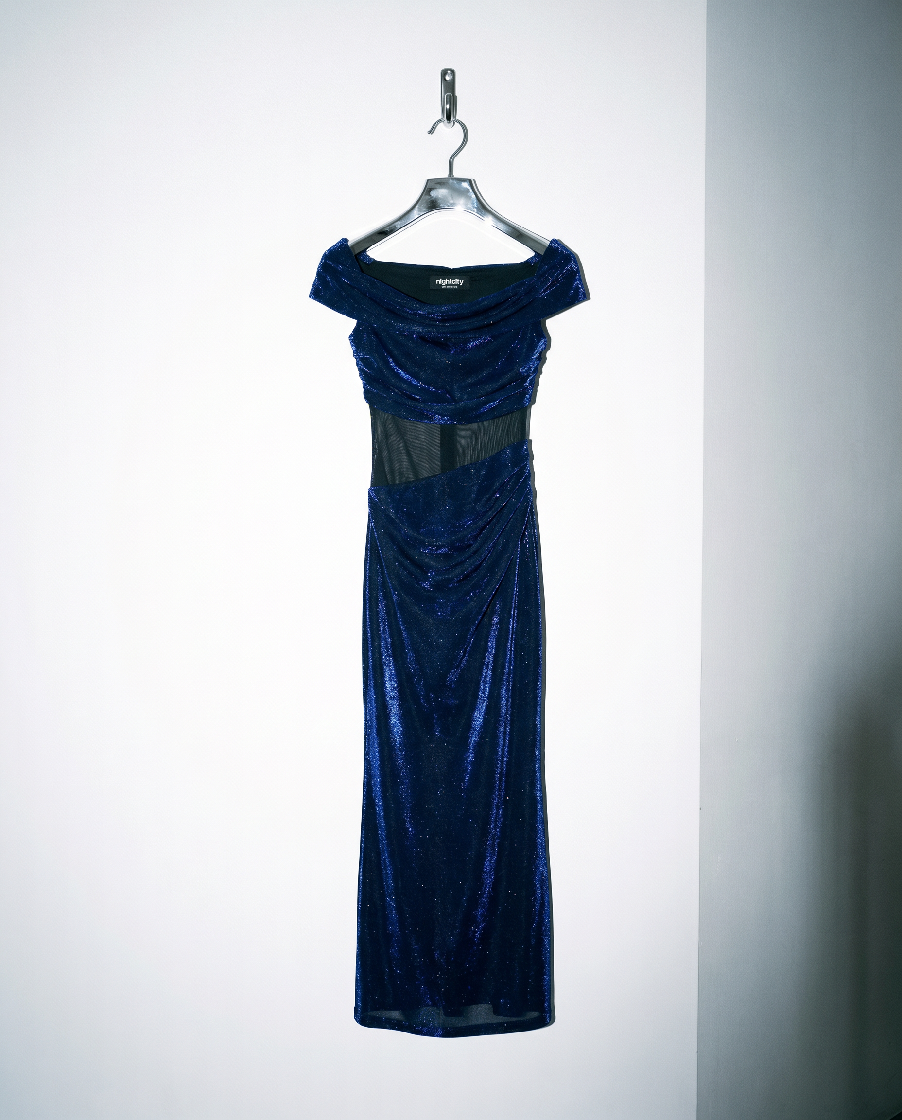 Draped Off Shoulder Shimmer Bodycon Maxi Dress-10