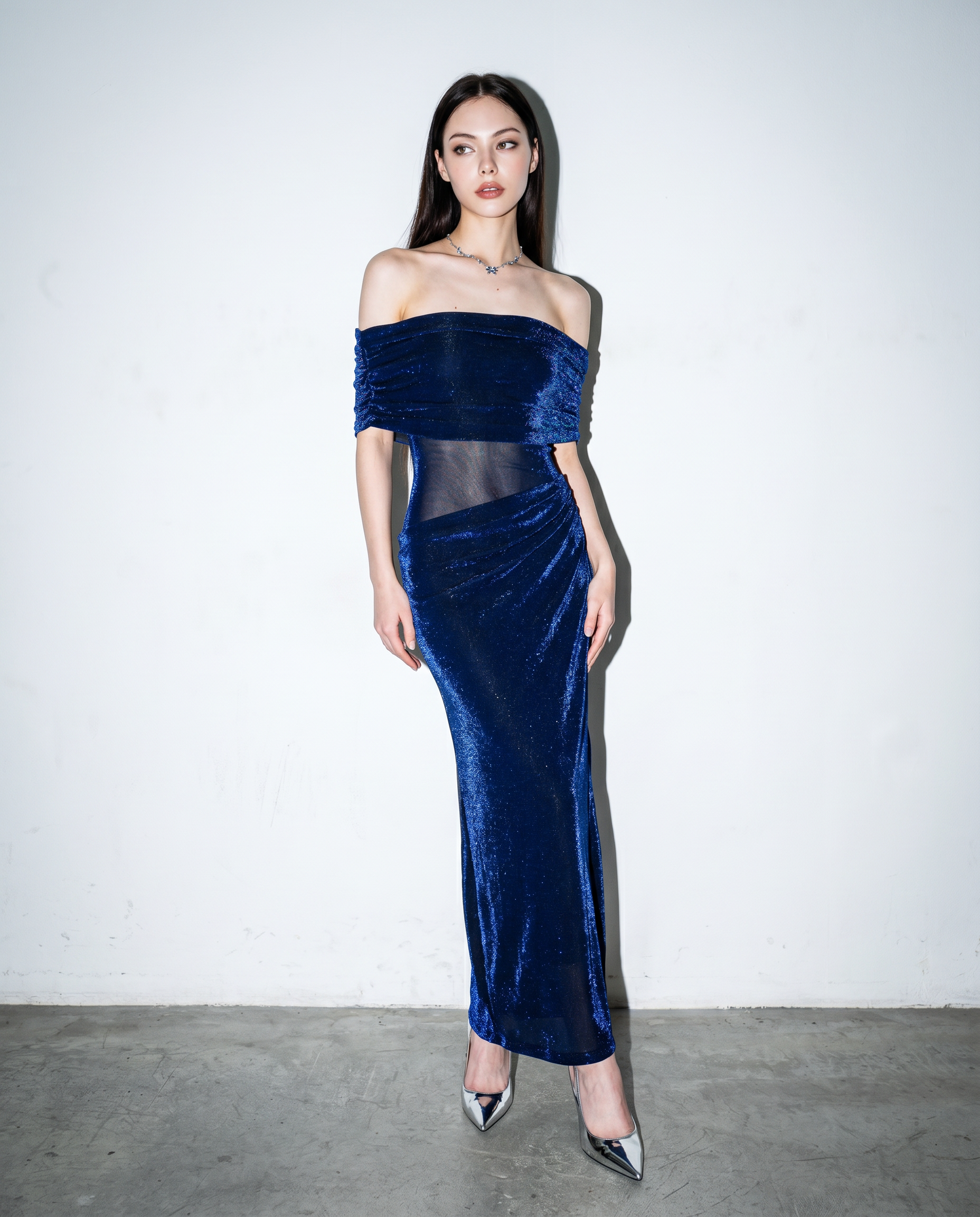 Draped Off Shoulder Shimmer Bodycon Maxi Dress – nightcity clothing