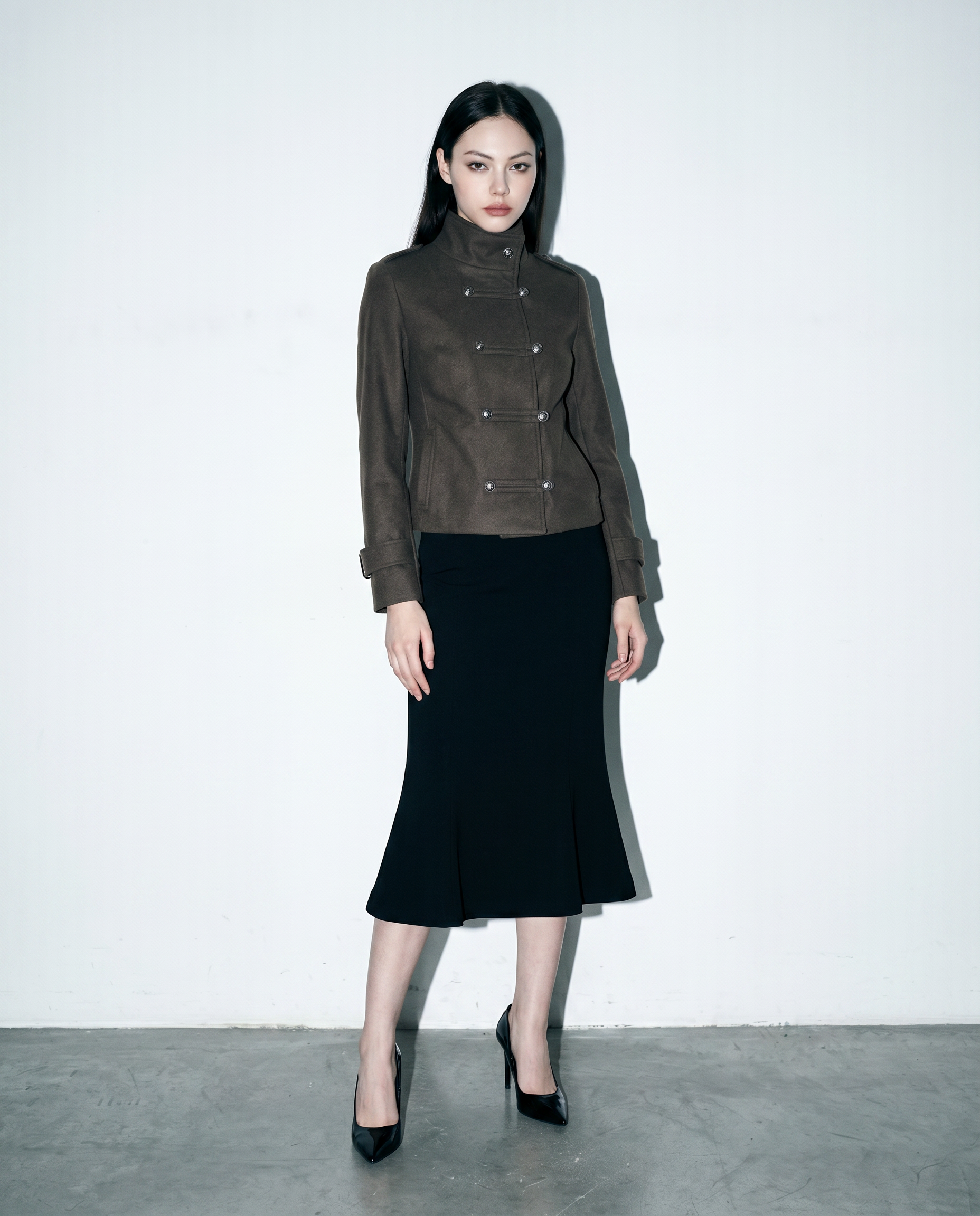 Funnel Neck Double Breasted Military Jacket-7