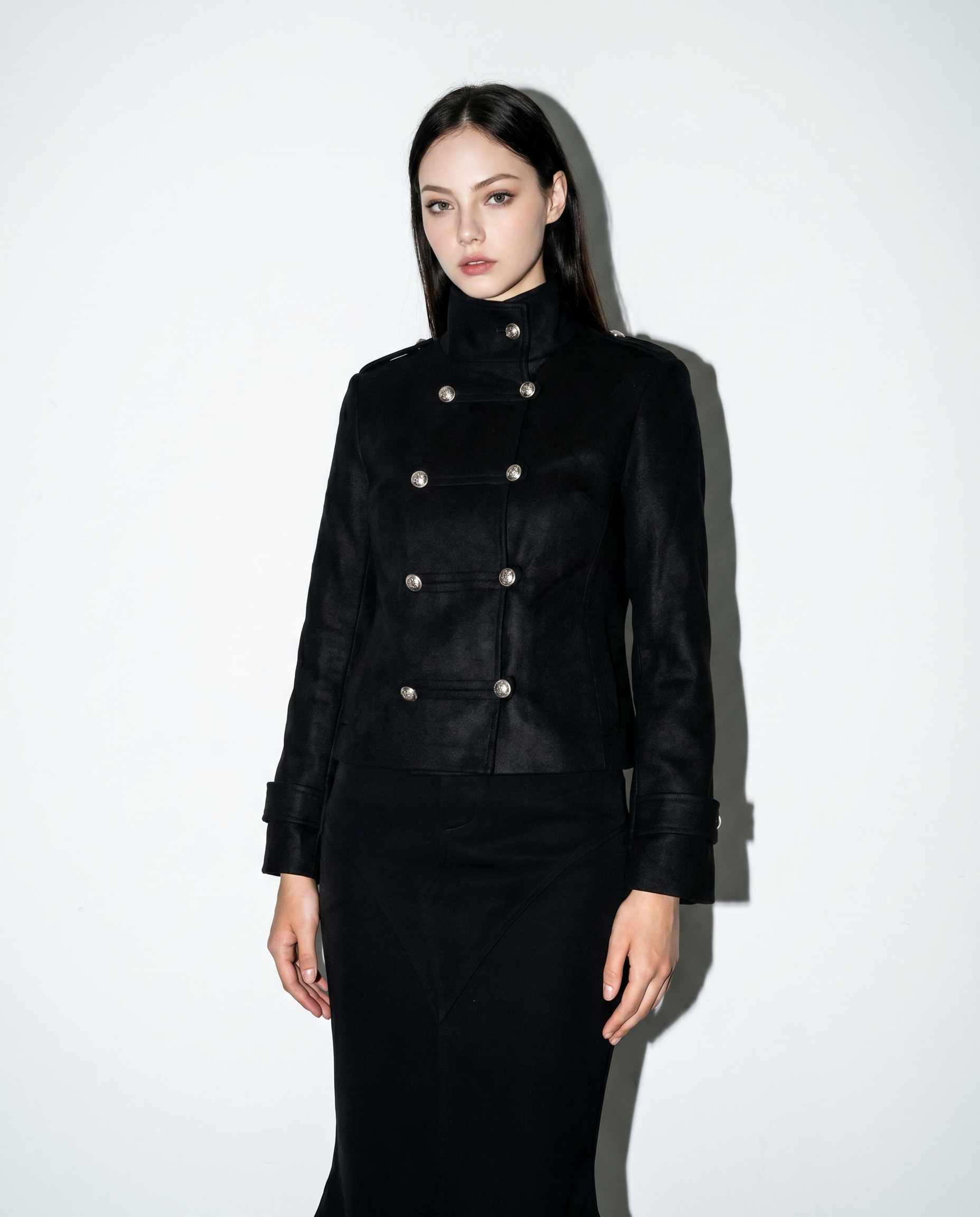 Funnel Neck Double Breasted Military Jacket-11
