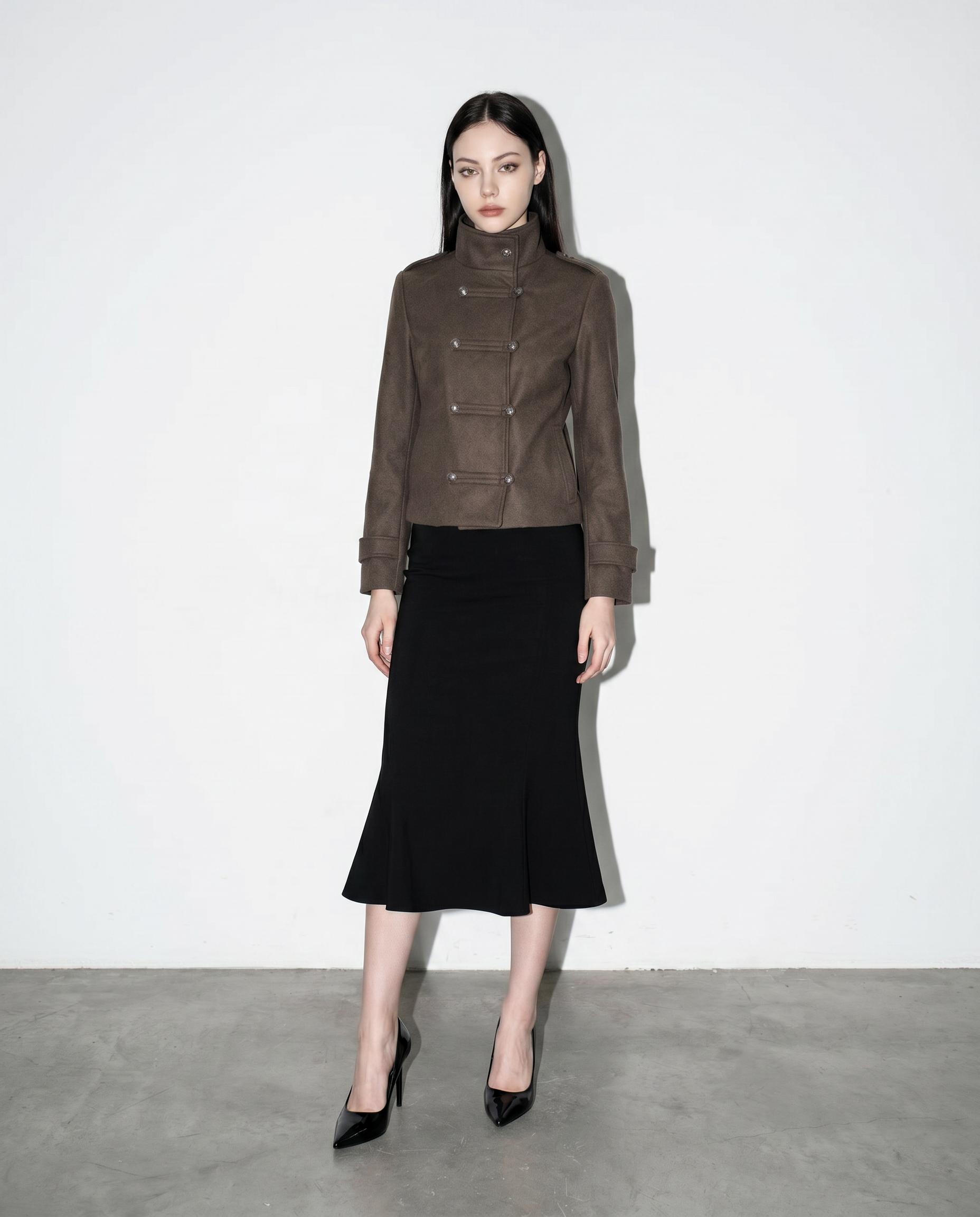 Funnel Neck Double Breasted Military Jacket-5