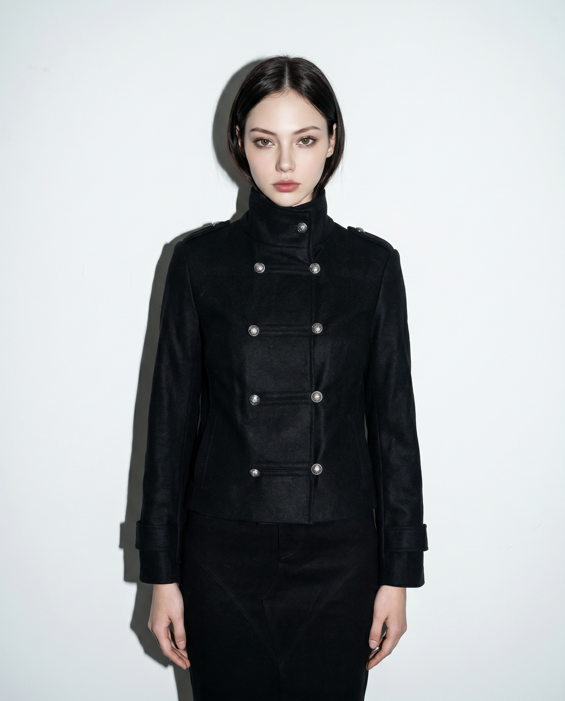 Funnel Neck Double Breasted Military Jacket-12