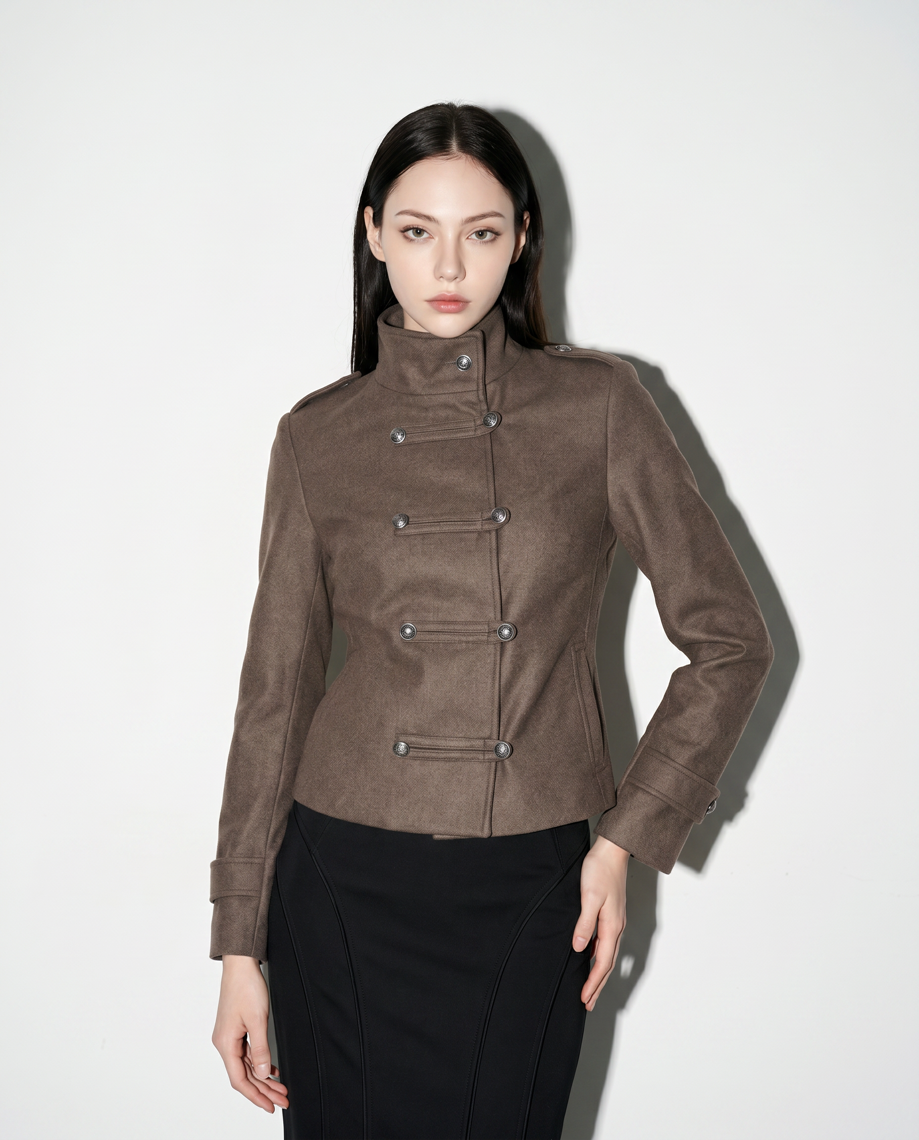Funnel Neck Double Breasted Military Jacket-3
