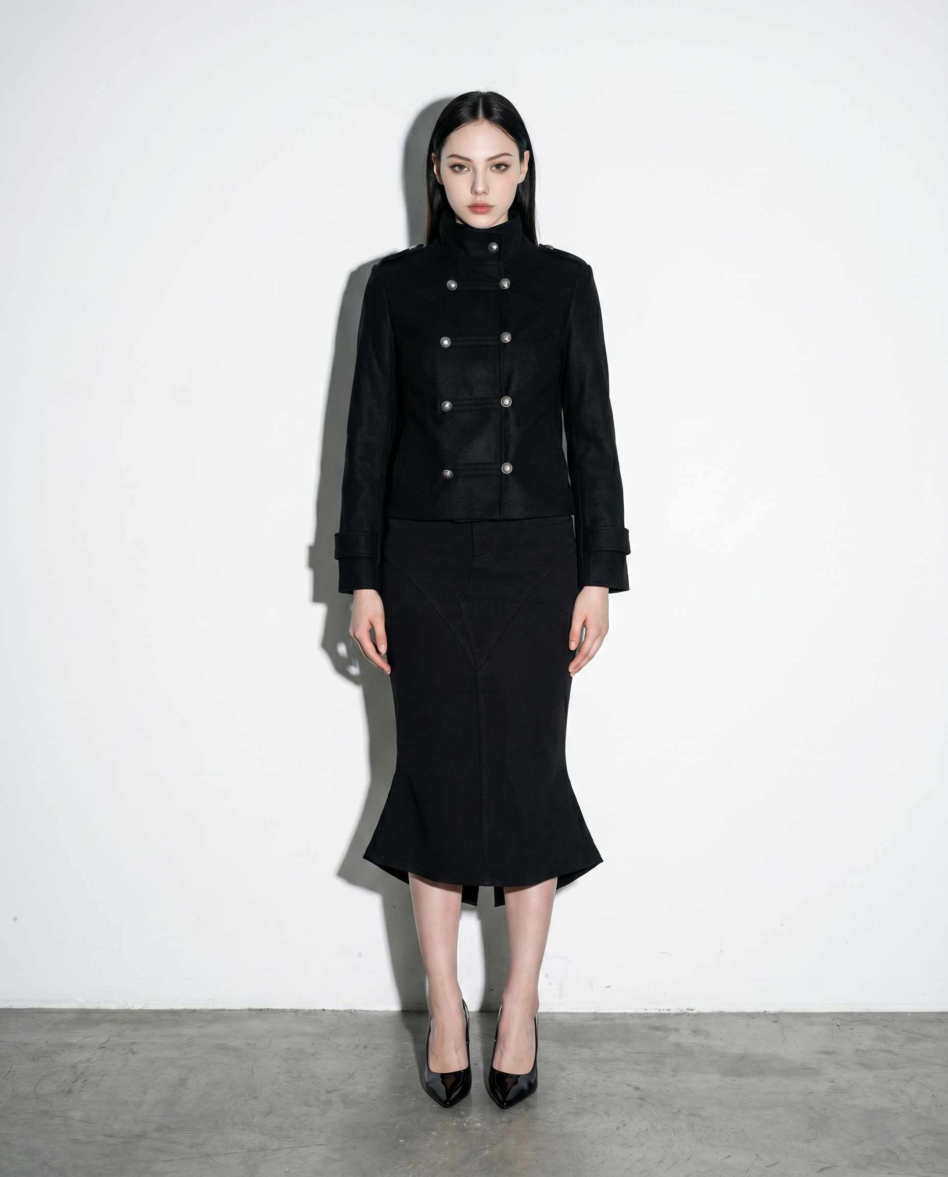 Funnel Neck Double Breasted Military Jacket-16