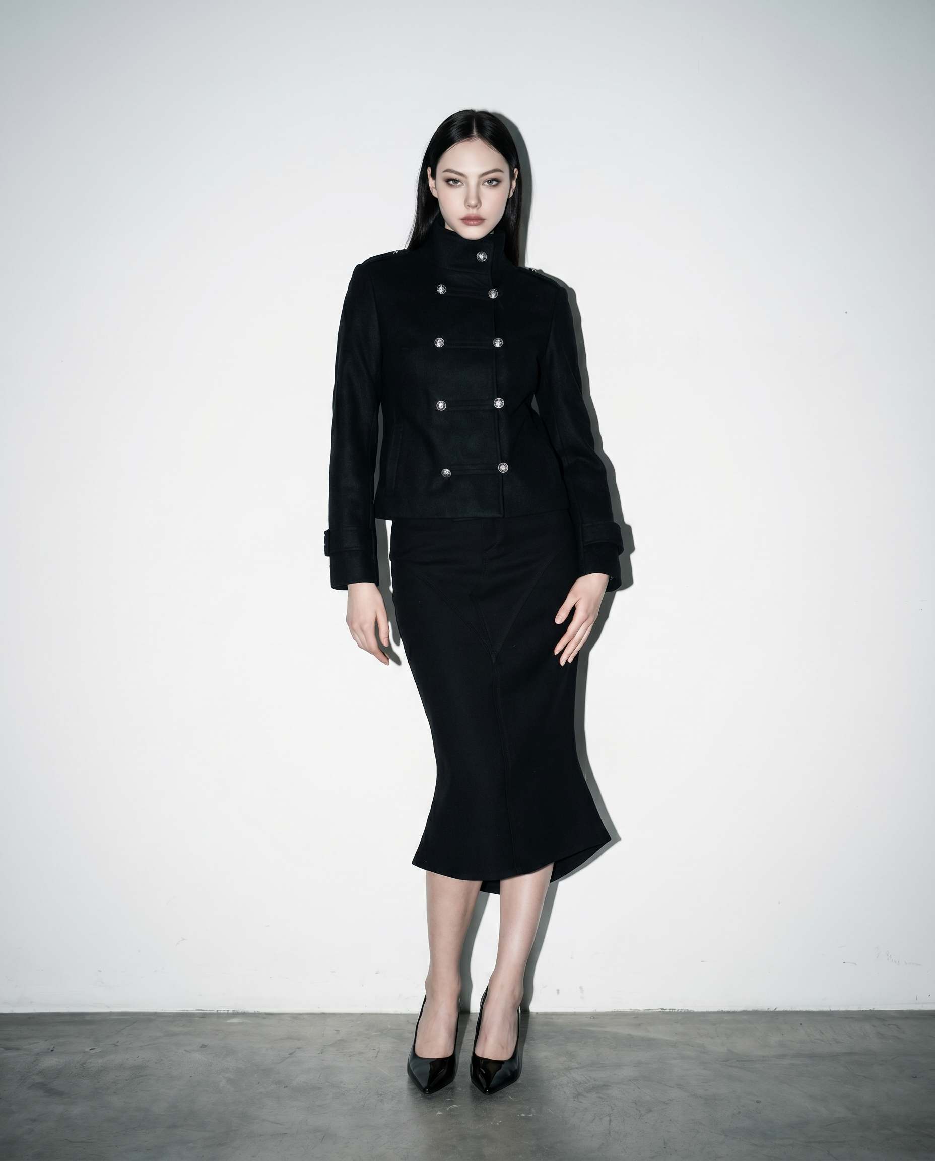 Funnel Neck Double Breasted Military Jacket-18