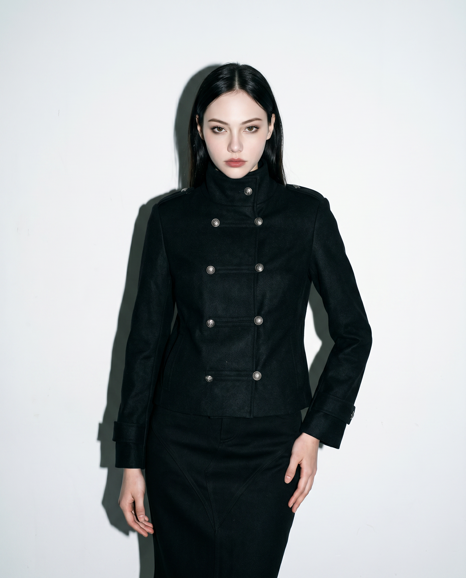 Funnel Neck Double Breasted Military Jacket-10
