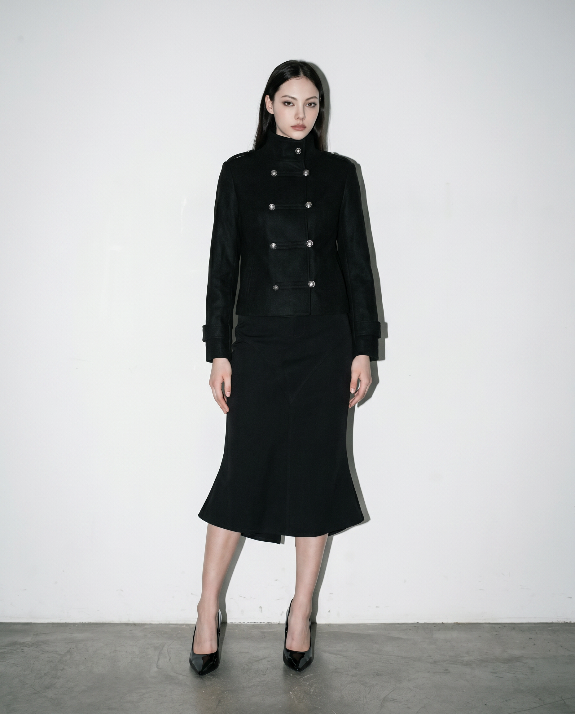 Funnel Neck Double Breasted Military Jacket-17