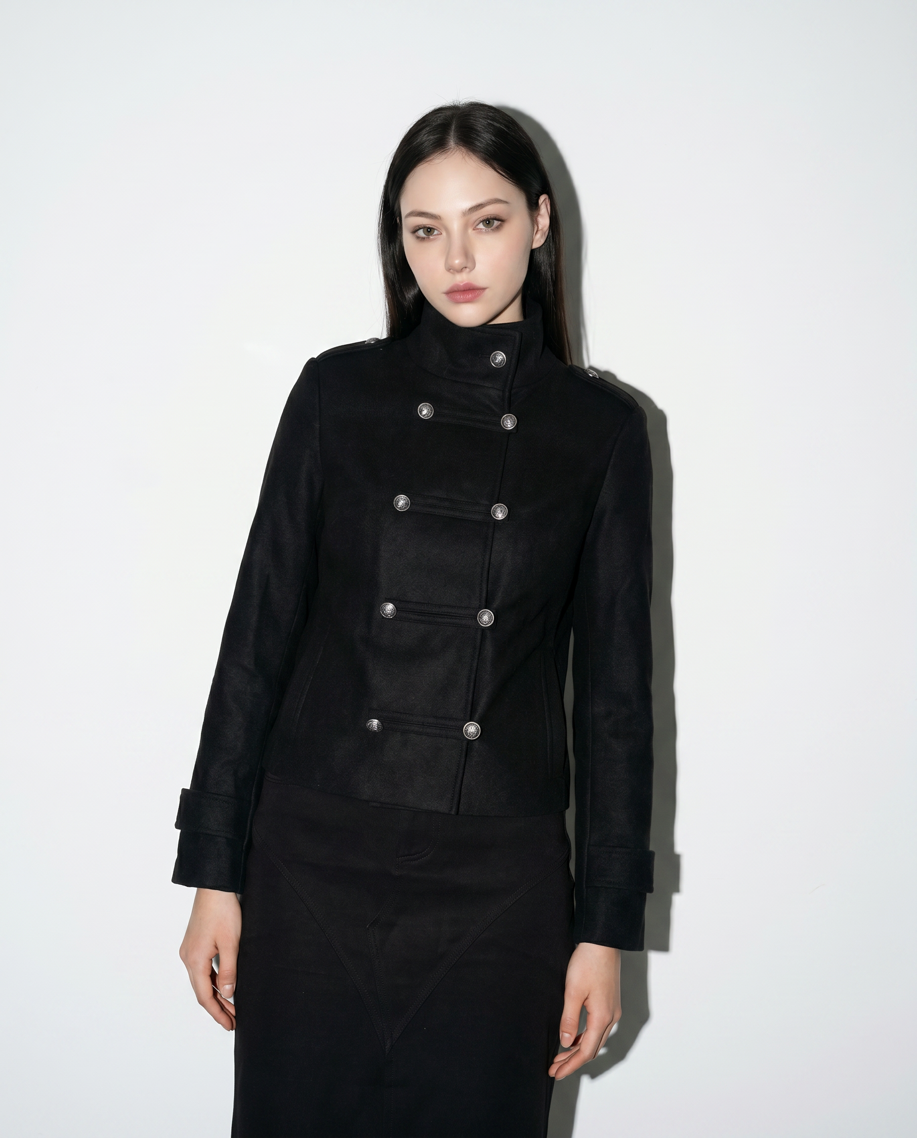 Funnel Neck Double Breasted Military Jacket-13