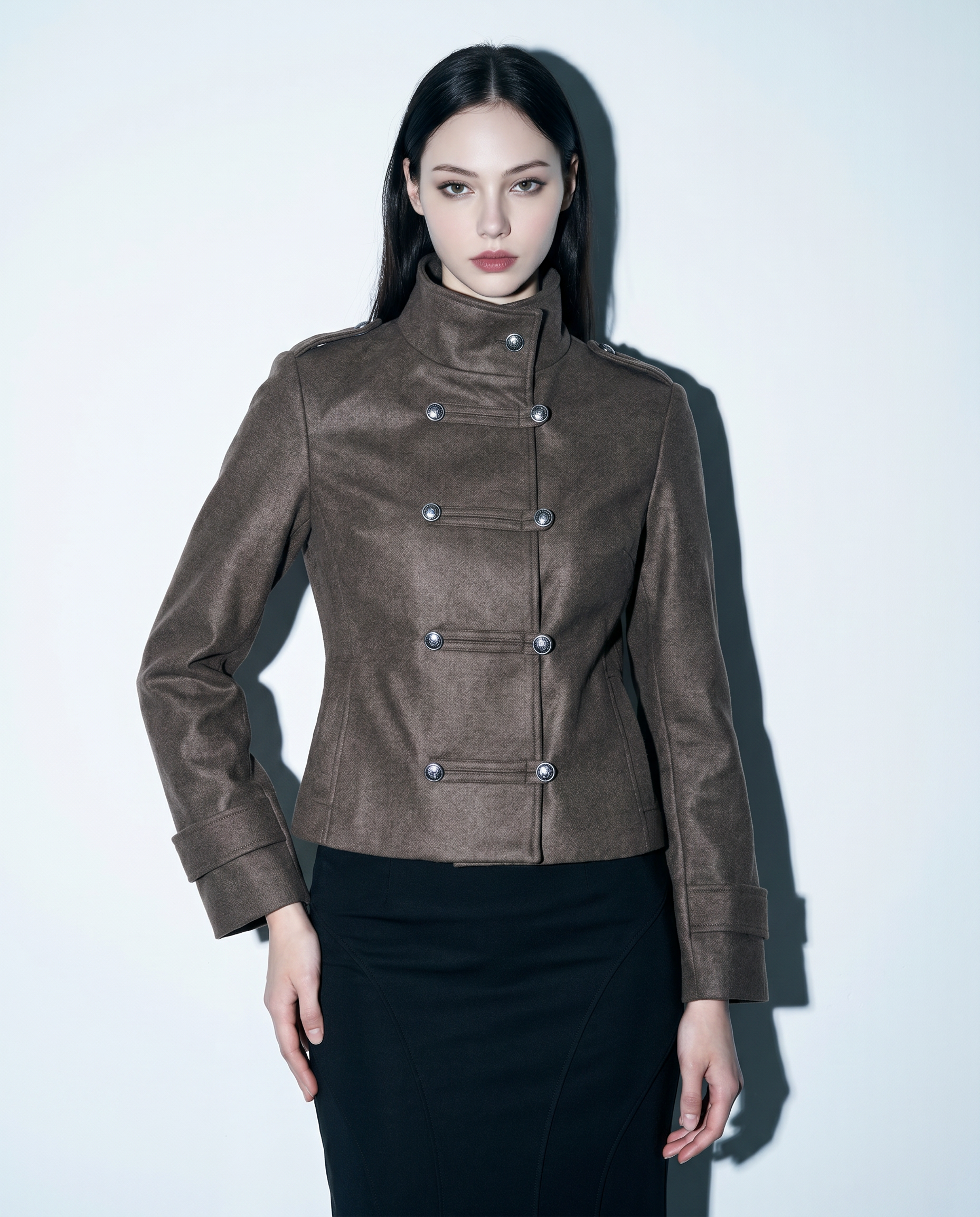 Funnel Neck Double Breasted Military Jacket-2