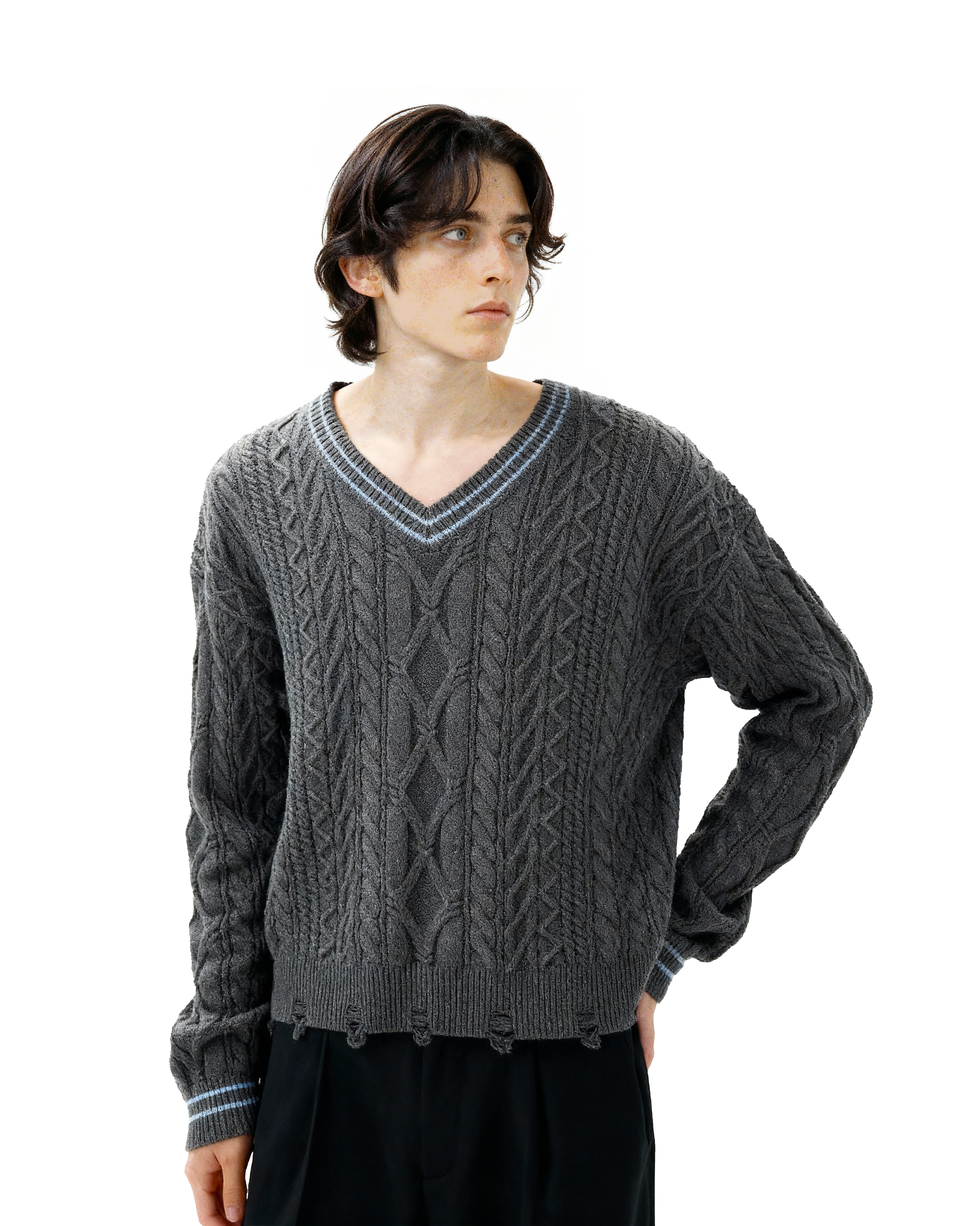 Contrast Distressed Trim Cropped Cable Knit Sweater