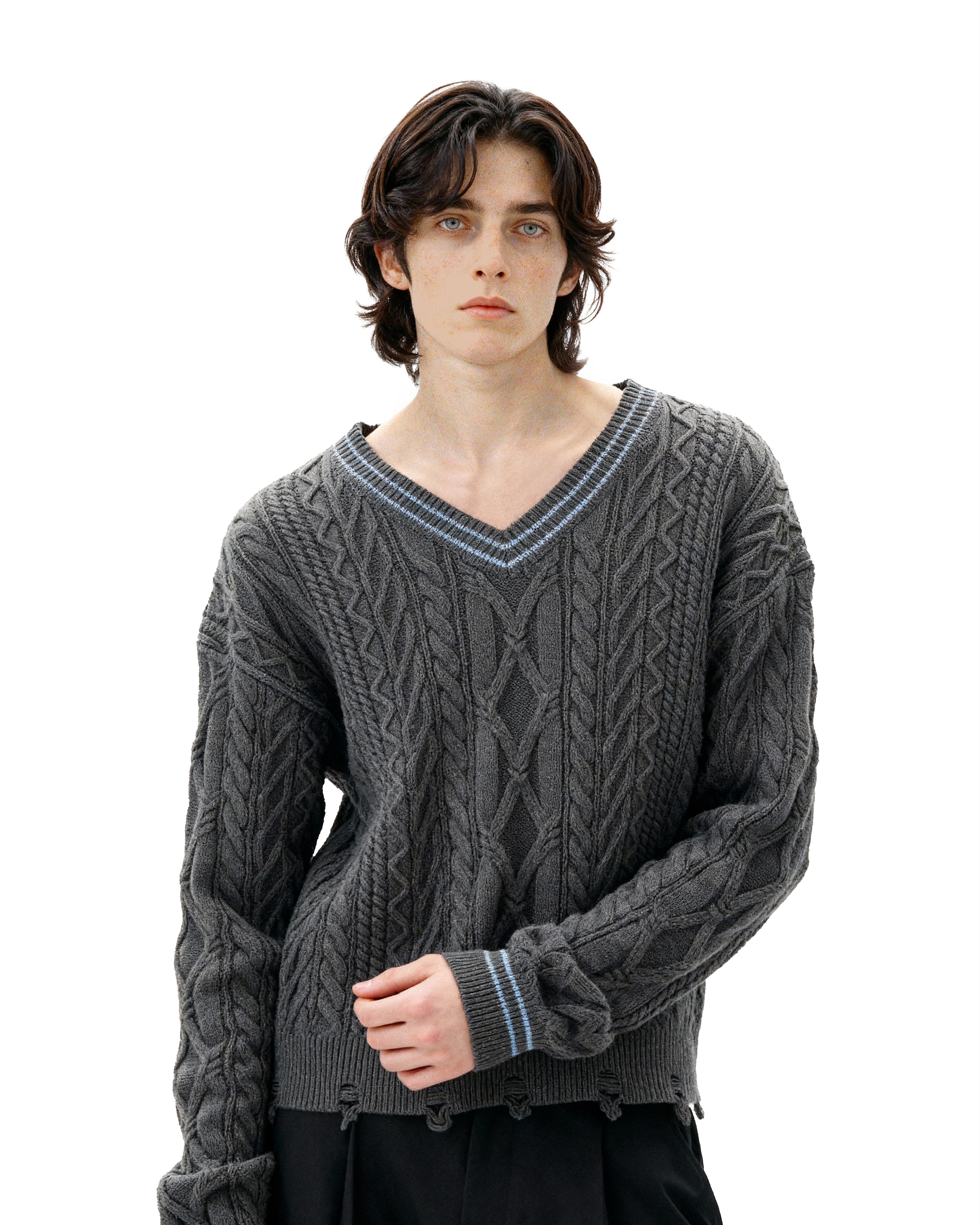 Contrast Distressed Trim Cropped Cable Knit Sweater