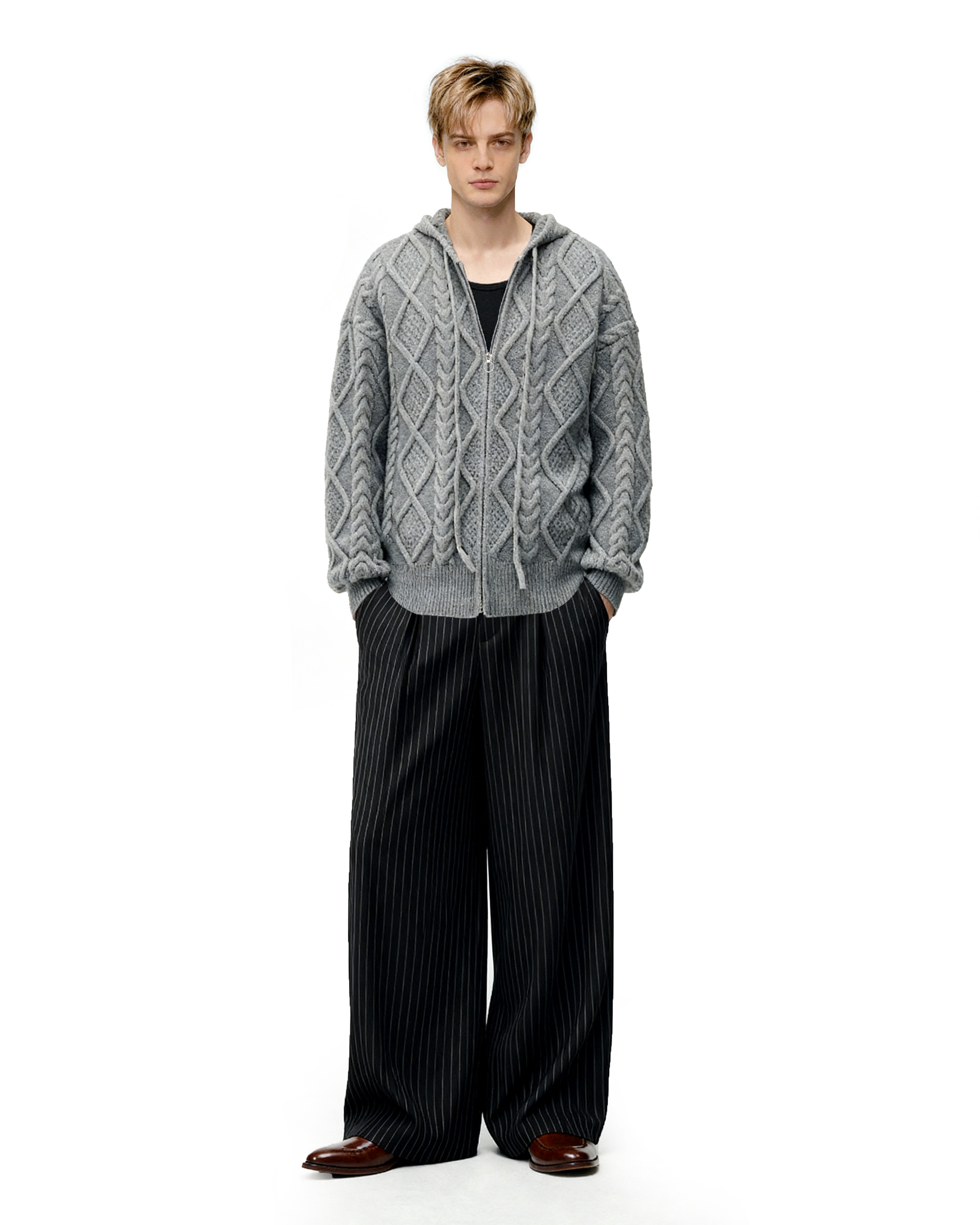 Cable Knit Hooded Zip Jacket with Pockets-3