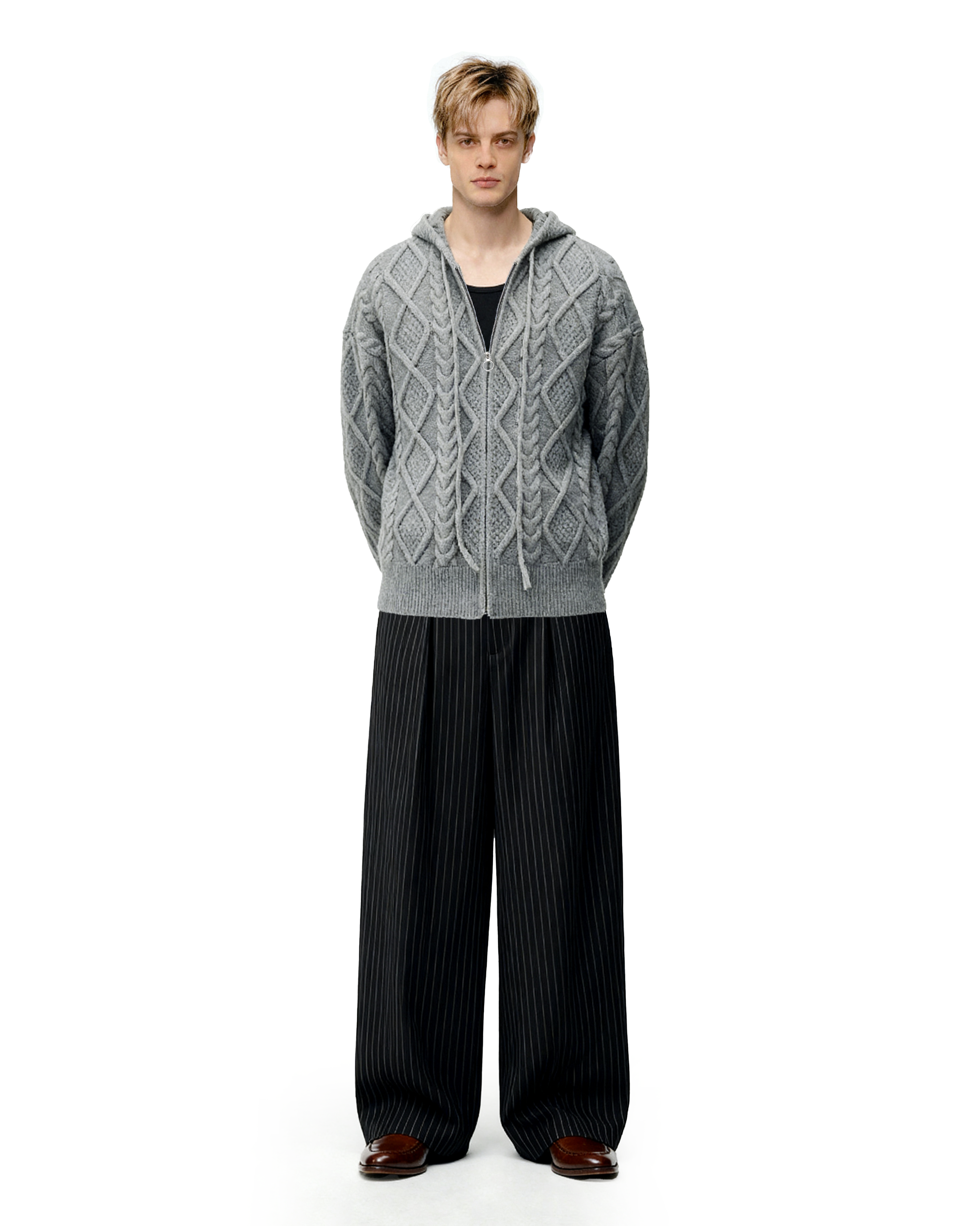 Cable Knit Hooded Zip Jacket with Pockets-4