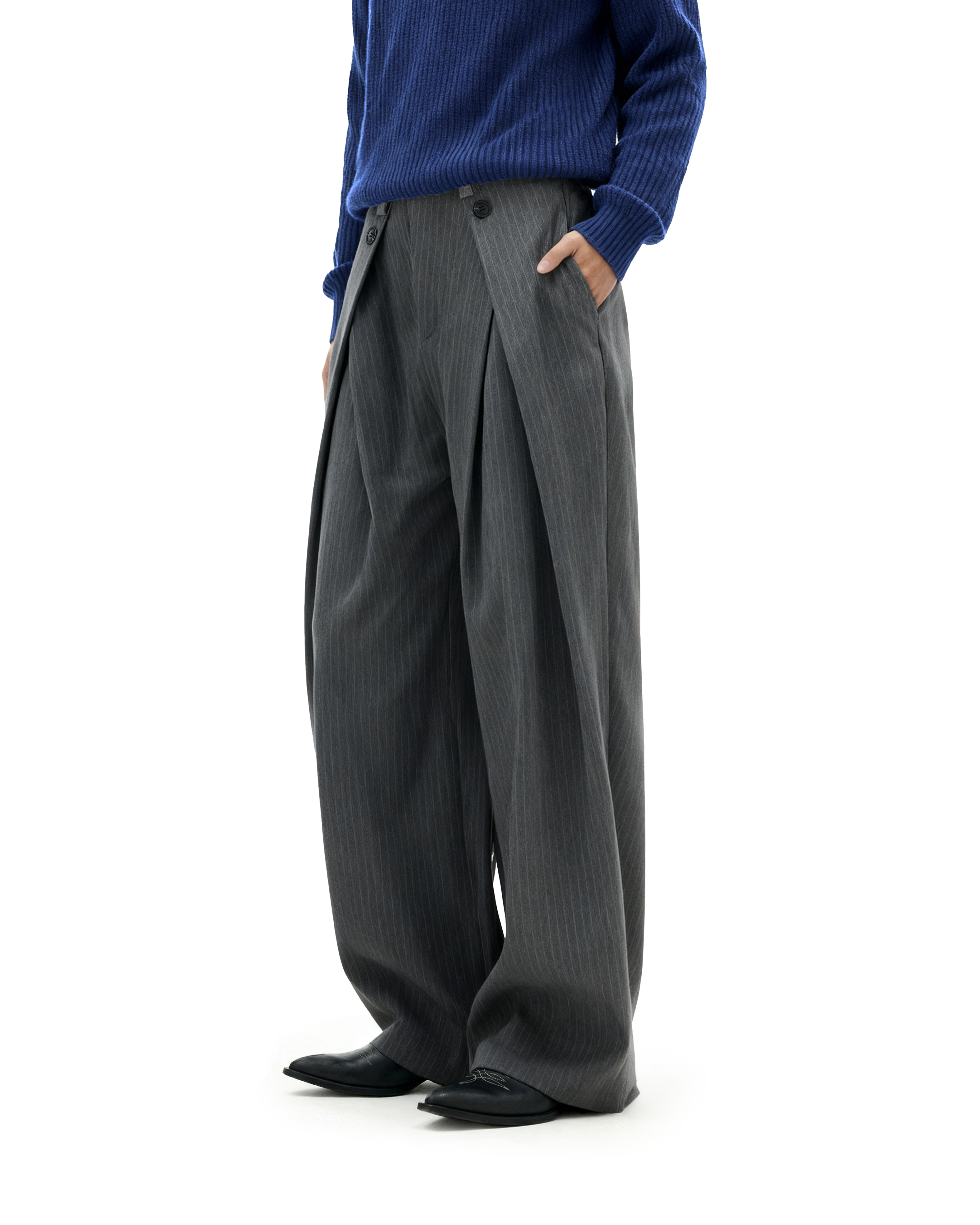 Wide Leg Pinstripe Draped Double-Pleated Trousers - nightcity clothing