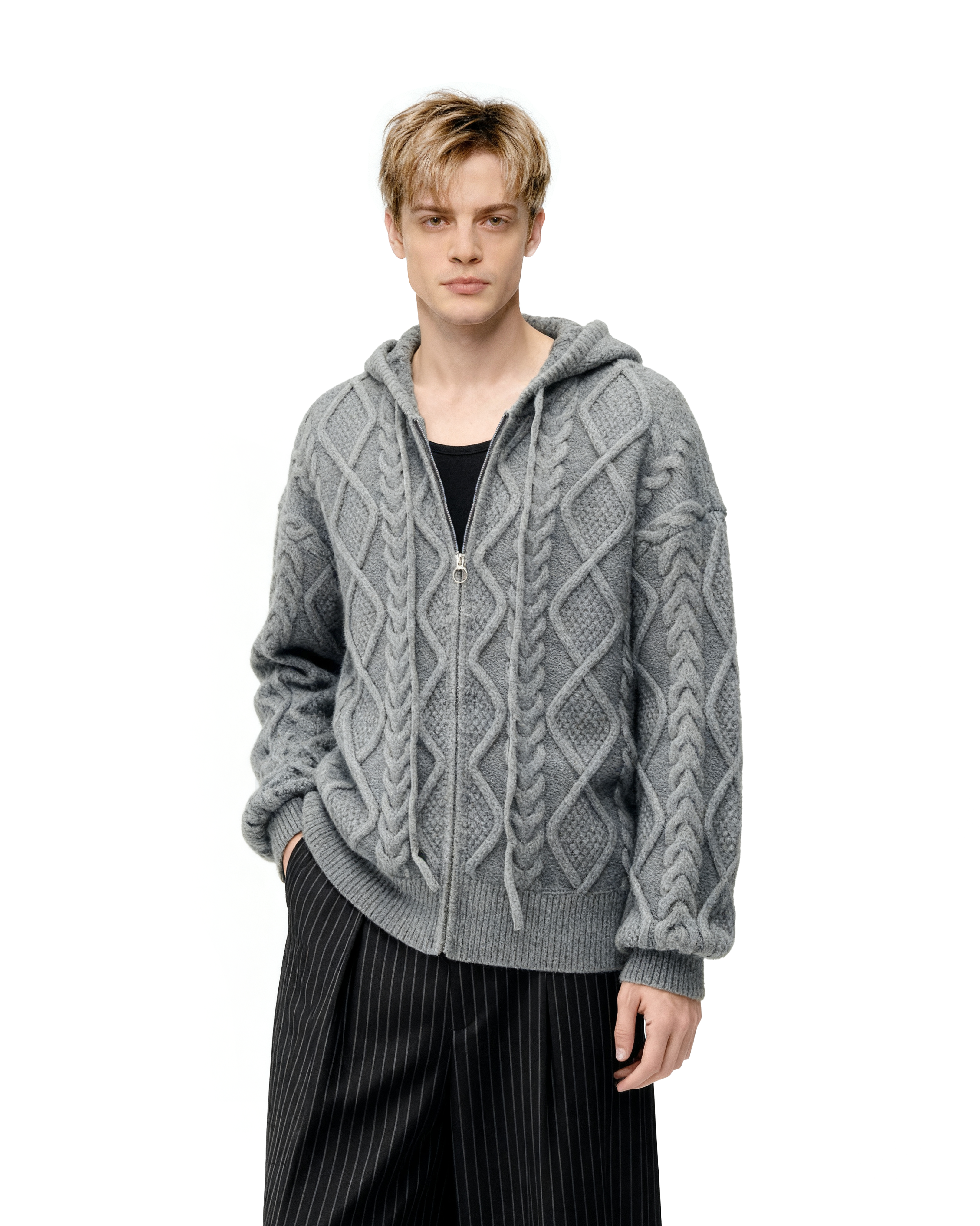 Cable Knit Hooded Zip Jacket with Pockets