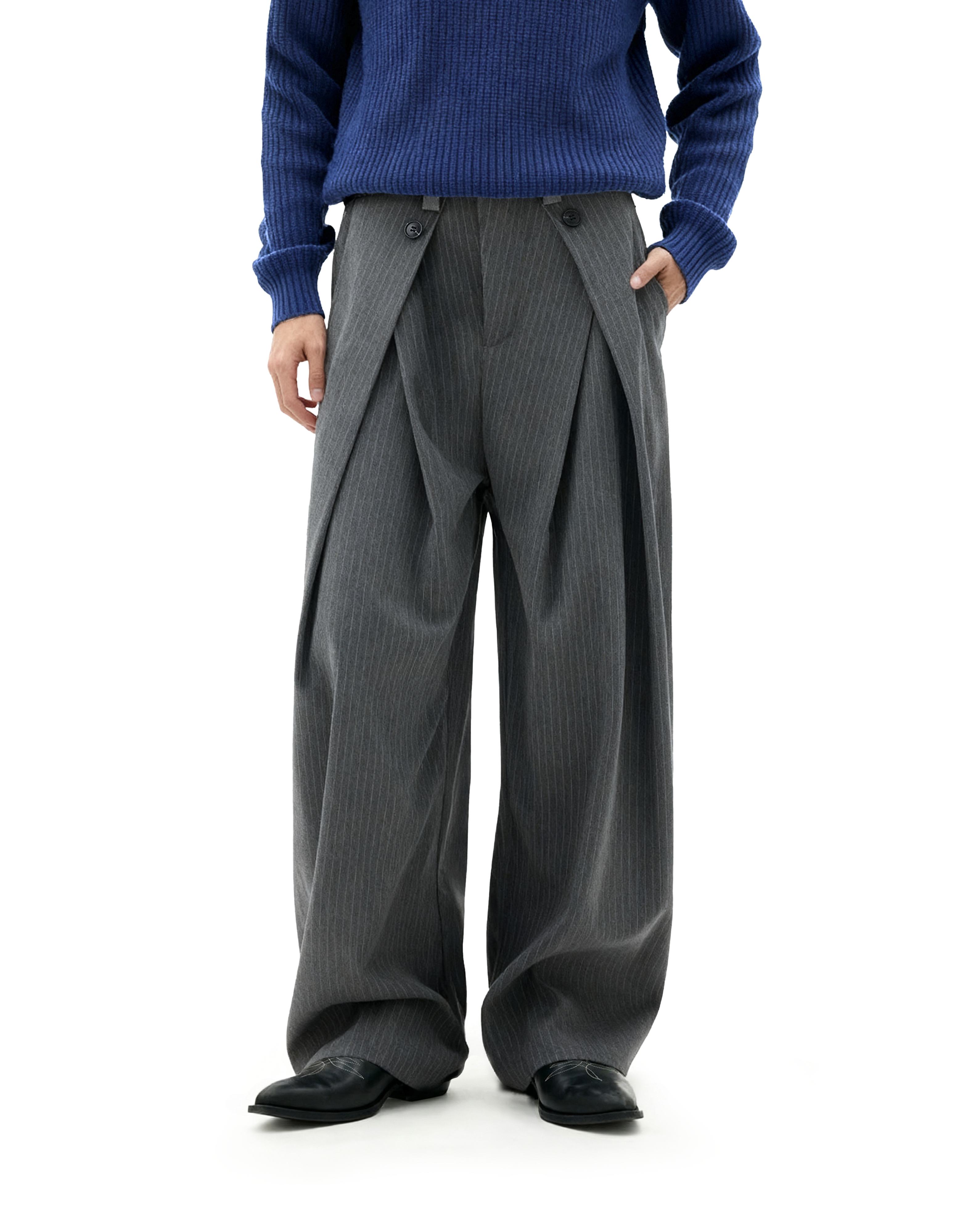 Wide Leg Pinstripe Draped Double-Pleated Trousers - nightcity clothing